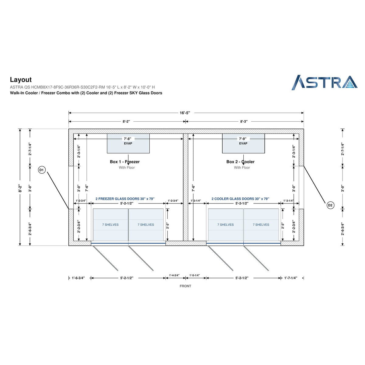 Astra HCMB8X17-8F9C-S30C2F2-RM 8' x 17' Walk-In Freezer/Cooler Combo with Floor, 2 Freezer + 2 Cooler Glass Doors, floor plan layout drawing with glass door shelving