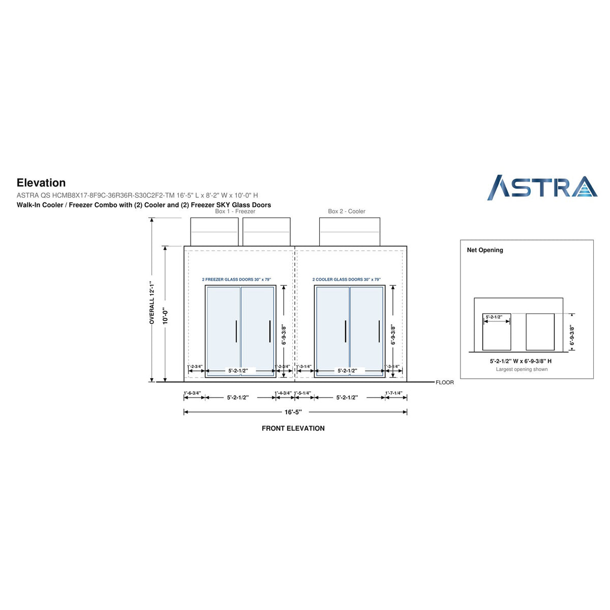 Astra HCMB8X17-8F9C-S30C2F2-TM 8' x 17' Walk-In Freezer/Cooler Combo with Floor, 2 Freezer + 2 Cooler Glass Doors, front elevation drawing with glass door net opening