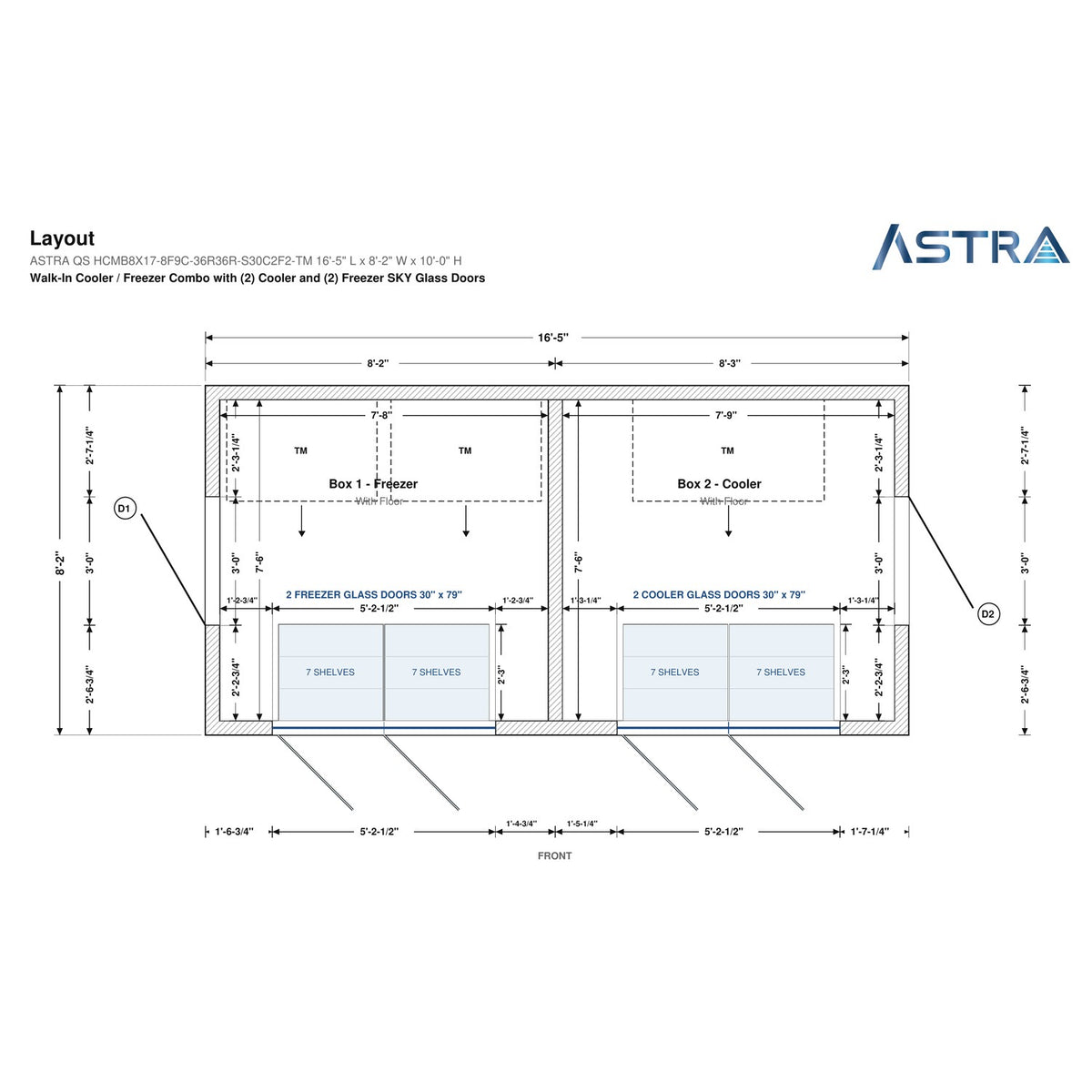 Astra HCMB8X17-8F9C-S30C2F2-TM 8' x 17' Walk-In Freezer/Cooler Combo with Floor, 2 Freezer + 2 Cooler Glass Doors, floor plan layout drawing with glass door shelving