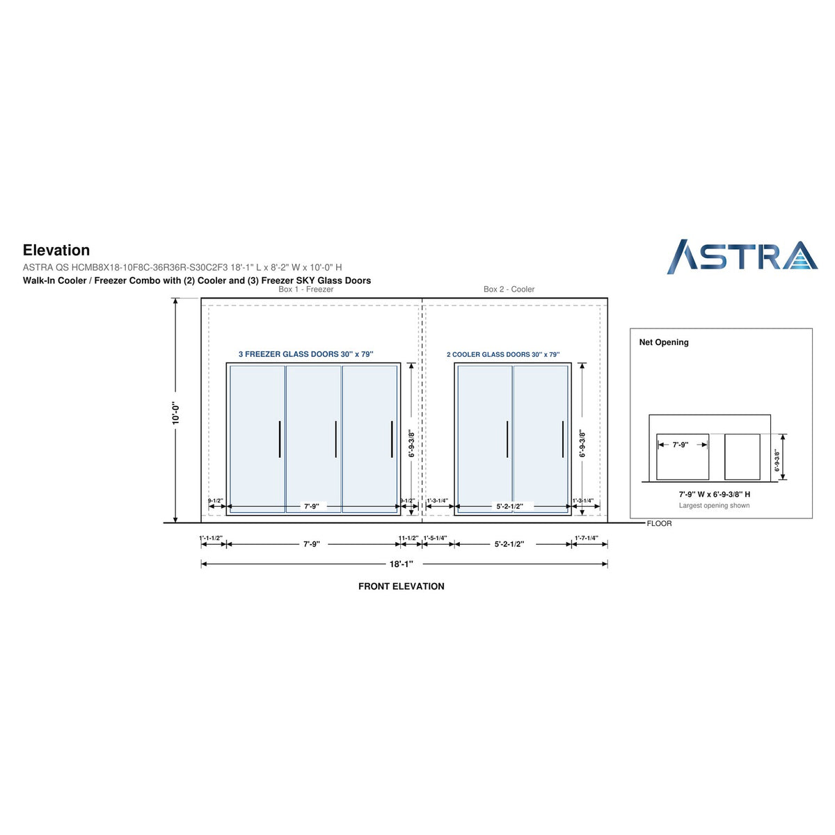 Astra HCMB8X18-10F8C-S30C2F3 8' x 18' Walk-In Freezer/Cooler Combo with Floor, 3 Freezer + 2 Cooler Glass Doors, front elevation drawing with glass door net opening