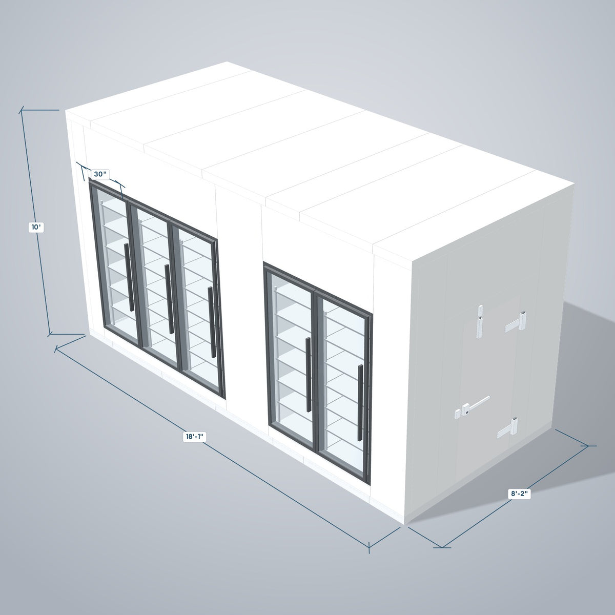 Astra HCMB8X18-10F8C-S30C2F3-RM 8' x 18' Walk-In Freezer/Cooler Combo with Floor, 3 Freezer + 2 Cooler Glass Doors, 3D view with outside dimensions