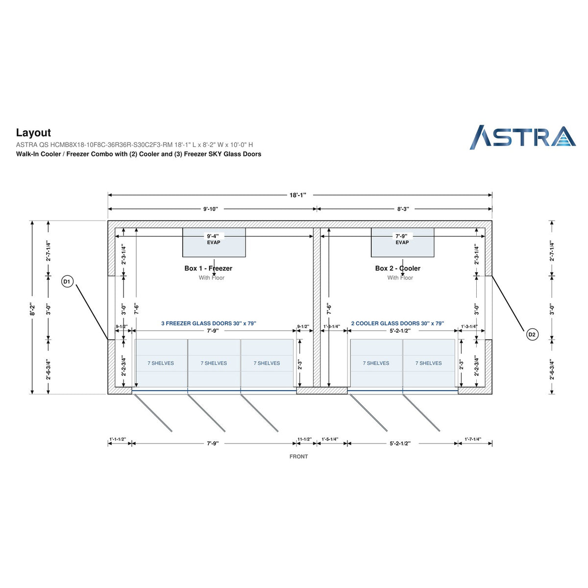 Astra HCMB8X18-10F8C-S30C2F3-RM 8' x 18' Walk-In Freezer/Cooler Combo with Floor, 3 Freezer + 2 Cooler Glass Doors, floor plan layout drawing with glass door shelving