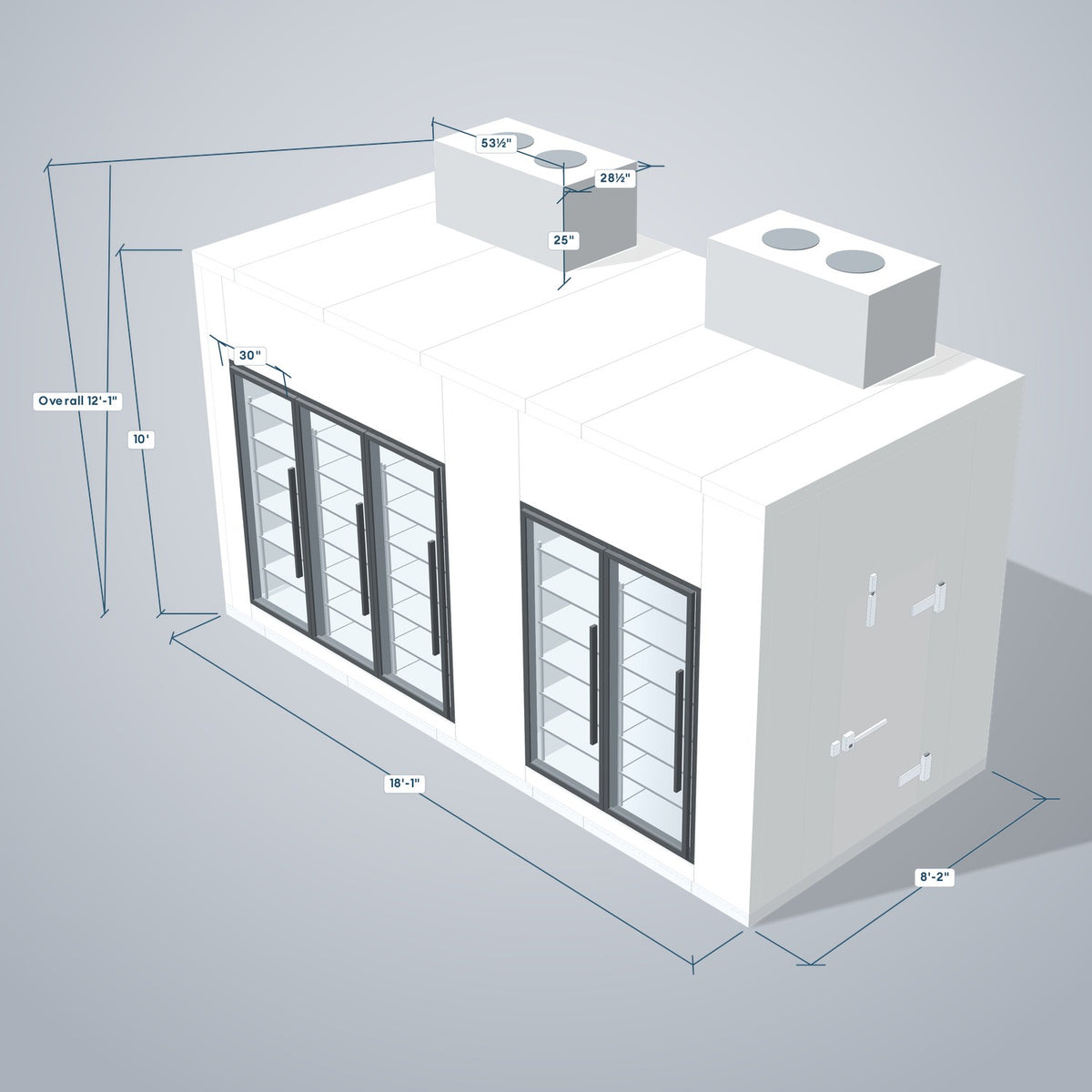 Astra HCMB8X18-10F8C-S30C2F3-TM 8' x 18' Walk-In Freezer/Cooler Combo with Floor, 3 Freezer + 2 Cooler Glass Doors, 3D view with outside dimensions