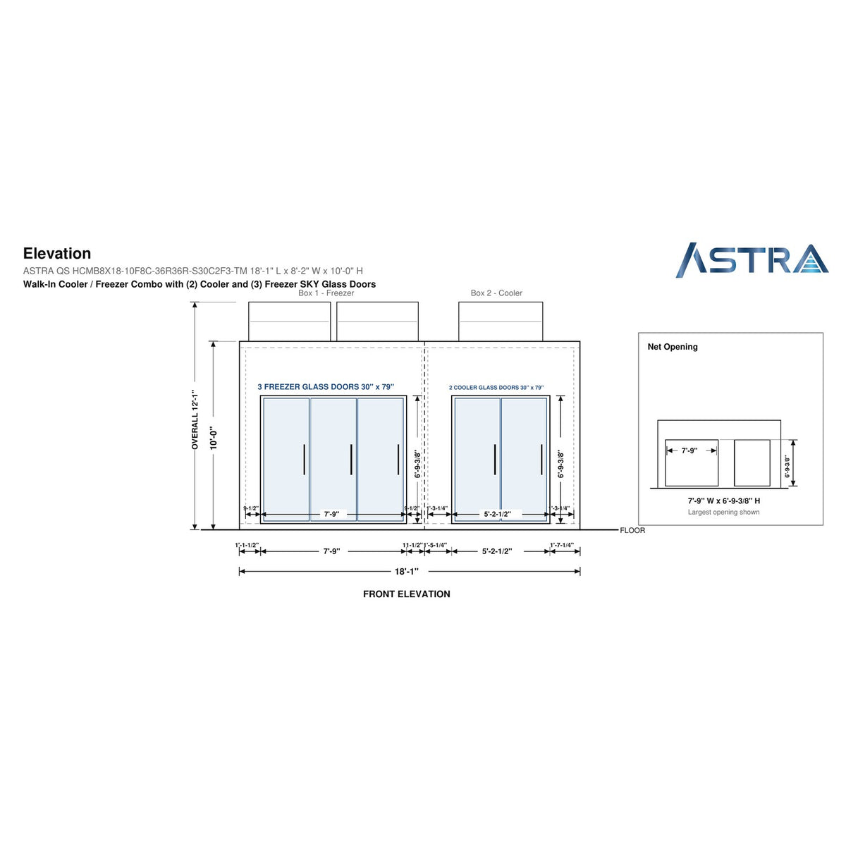 Astra HCMB8X18-10F8C-S30C2F3-TM 8' x 18' Walk-In Freezer/Cooler Combo with Floor, 3 Freezer + 2 Cooler Glass Doors, front elevation drawing with glass door net opening