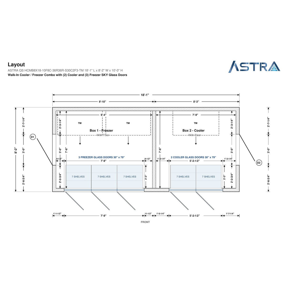 Astra HCMB8X18-10F8C-S30C2F3-TM 8' x 18' Walk-In Freezer/Cooler Combo with Floor, 3 Freezer + 2 Cooler Glass Doors, floor plan layout drawing with glass door shelving