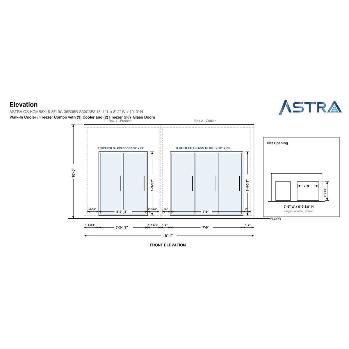 Astra HCMB8X18-8F10C-S30C3F2 8' x 18' Walk-In Freezer/Cooler Combo with Floor, 2 Freezer + 3 Cooler Glass Doors, front elevation drawing with glass door net opening