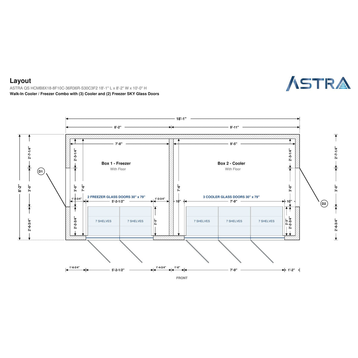 Astra HCMB8X18-8F10C-S30C3F2 8' x 18' Walk-In Freezer/Cooler Combo with Floor, 2 Freezer + 3 Cooler Glass Doors, floor plan layout drawing with glass door shelving
