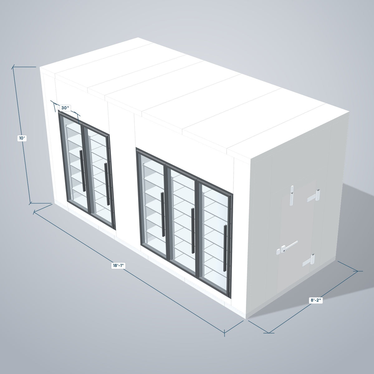 Astra HCMB8X18-8F10C-S30C3F2-RM 8' x 18' Walk-In Freezer/Cooler Combo with Floor, 2 Freezer + 3 Cooler Glass Doors, 3D view with outside dimensions