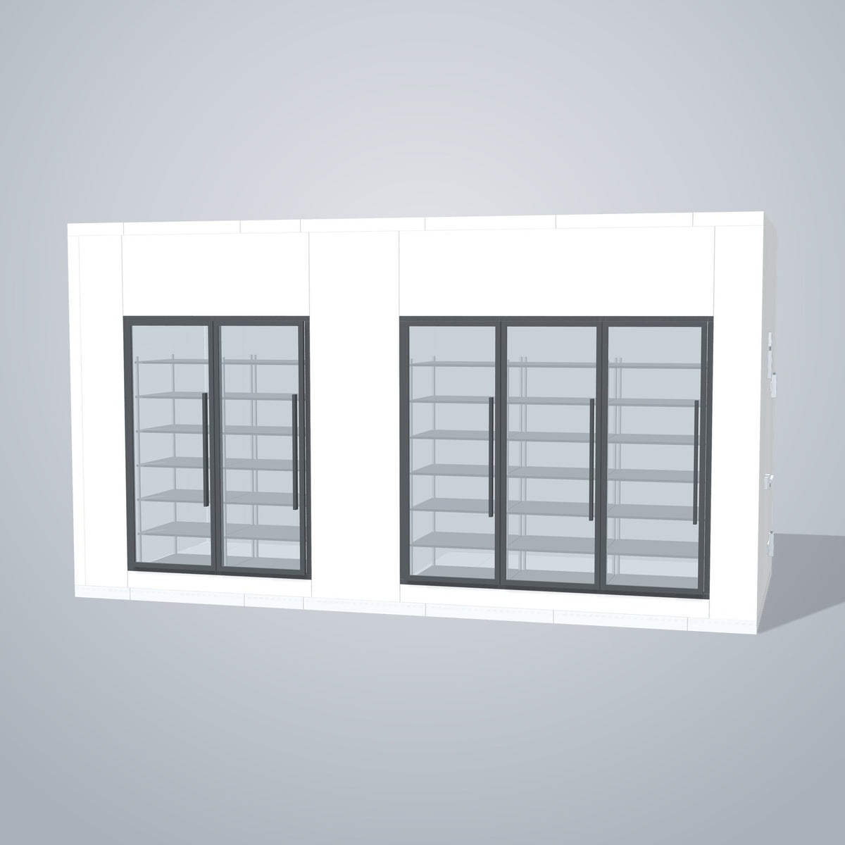 Astra HCMB8X18-8F10C-S30C3F2-RM 8' x 18' Walk-In Freezer/Cooler Combo with Floor, 2 Freezer + 3 Cooler Glass Doors, front 3D view of the glass door wall