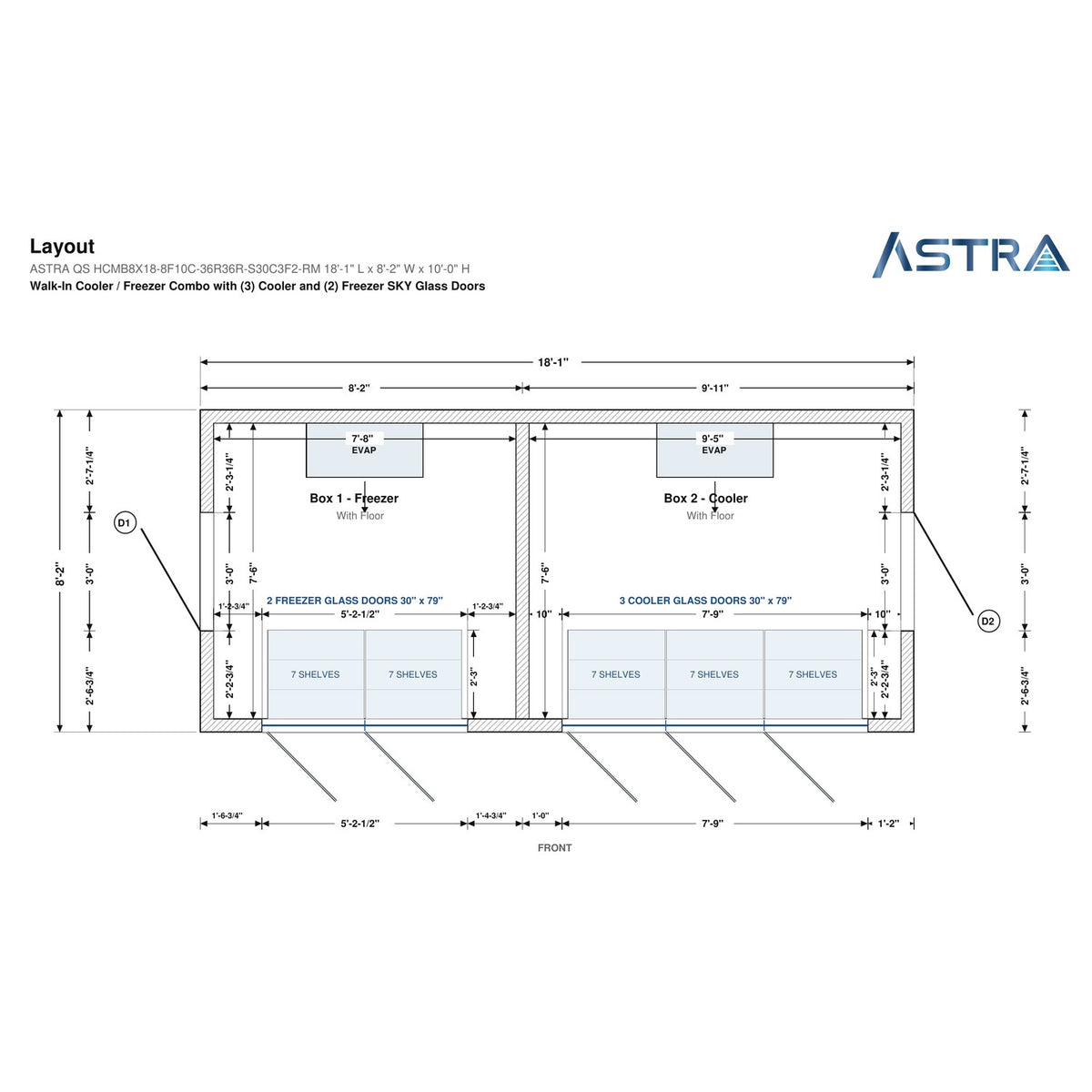 Astra HCMB8X18-8F10C-S30C3F2-RM 8' x 18' Walk-In Freezer/Cooler Combo with Floor, 2 Freezer + 3 Cooler Glass Doors, floor plan layout drawing with glass door shelving