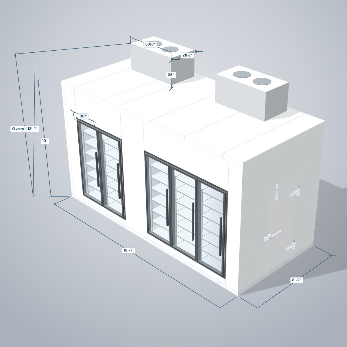 Astra HCMB8X18-8F10C-S30C3F2-TM 8' x 18' Walk-In Freezer/Cooler Combo with Floor, 2 Freezer + 3 Cooler Glass Doors, 3D view with outside dimensions