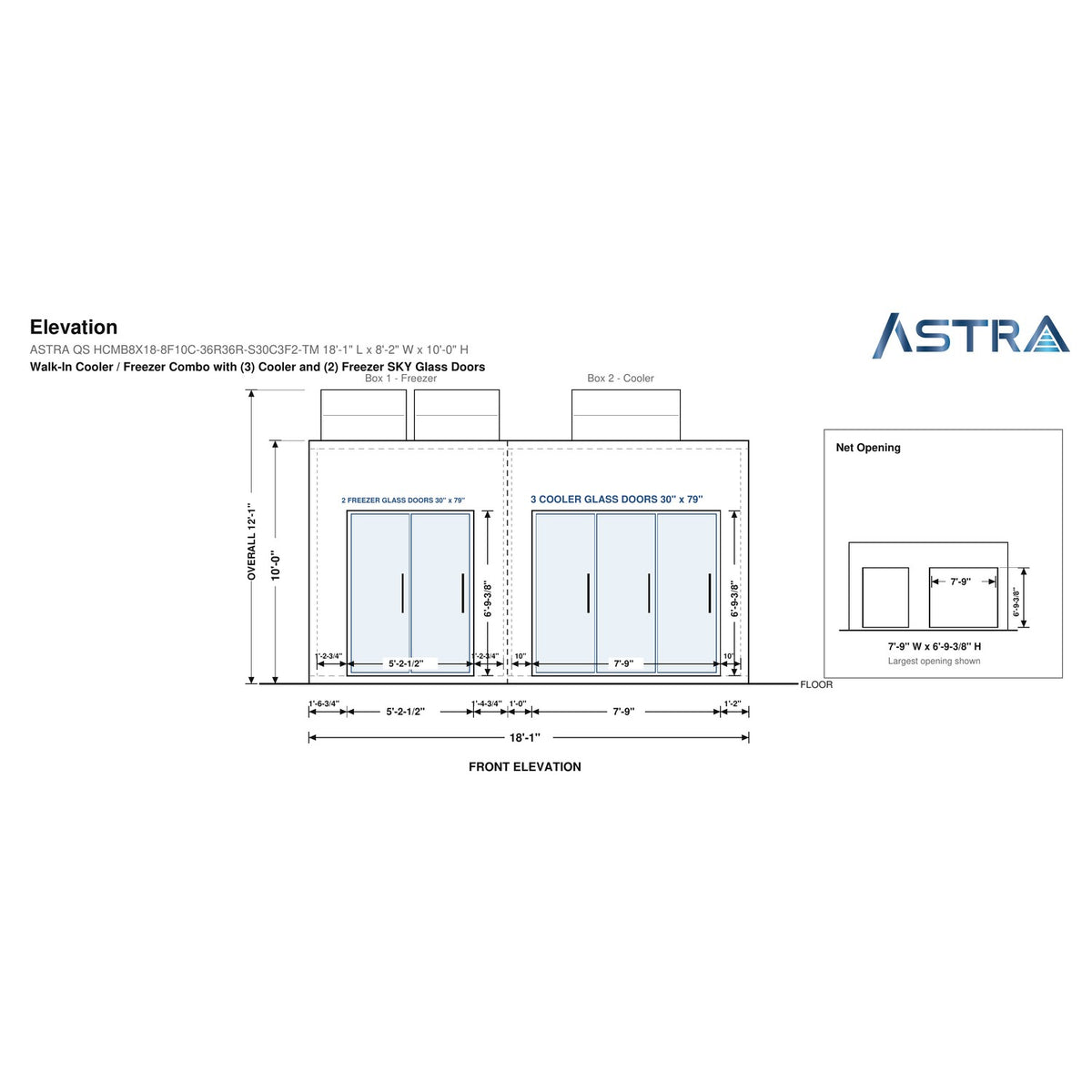 Astra HCMB8X18-8F10C-S30C3F2-TM 8' x 18' Walk-In Freezer/Cooler Combo with Floor, 2 Freezer + 3 Cooler Glass Doors, front elevation drawing with glass door net opening