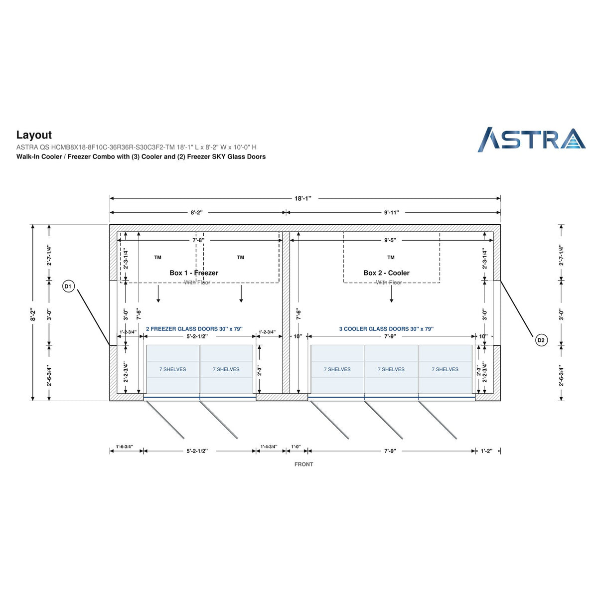 Astra HCMB8X18-8F10C-S30C3F2-TM 8' x 18' Walk-In Freezer/Cooler Combo with Floor, 2 Freezer + 3 Cooler Glass Doors, floor plan layout drawing with glass door shelving