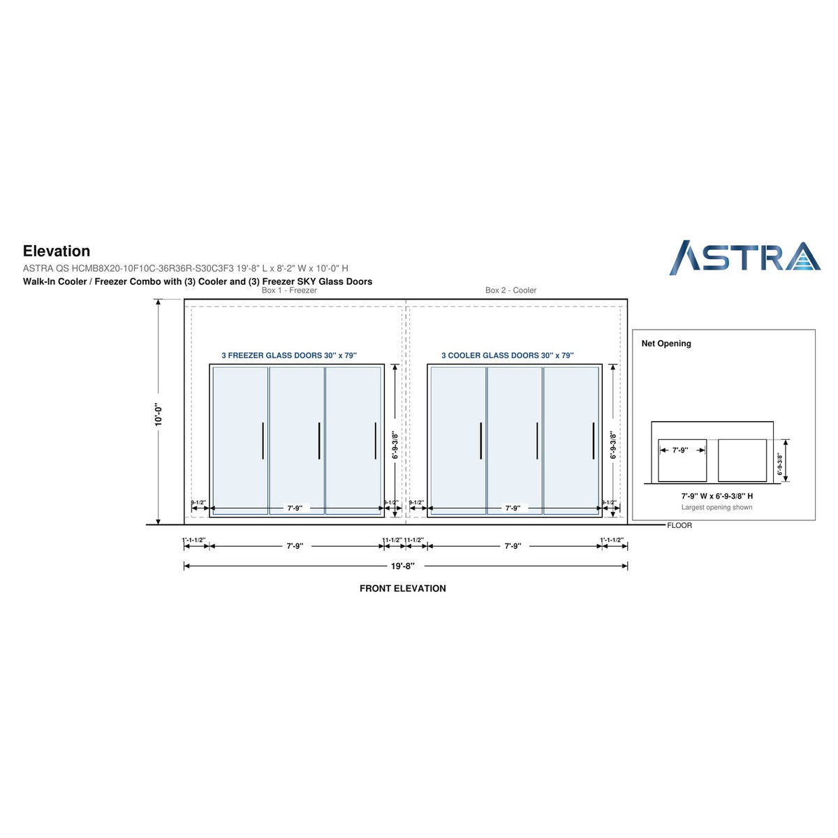 Astra HCMB8X20-10F10C-S30C3F3 8' x 20' Walk-In Freezer/Cooler Combo with Floor, 3 Freezer + 3 Cooler Glass Doors, front elevation drawing with glass door net opening
