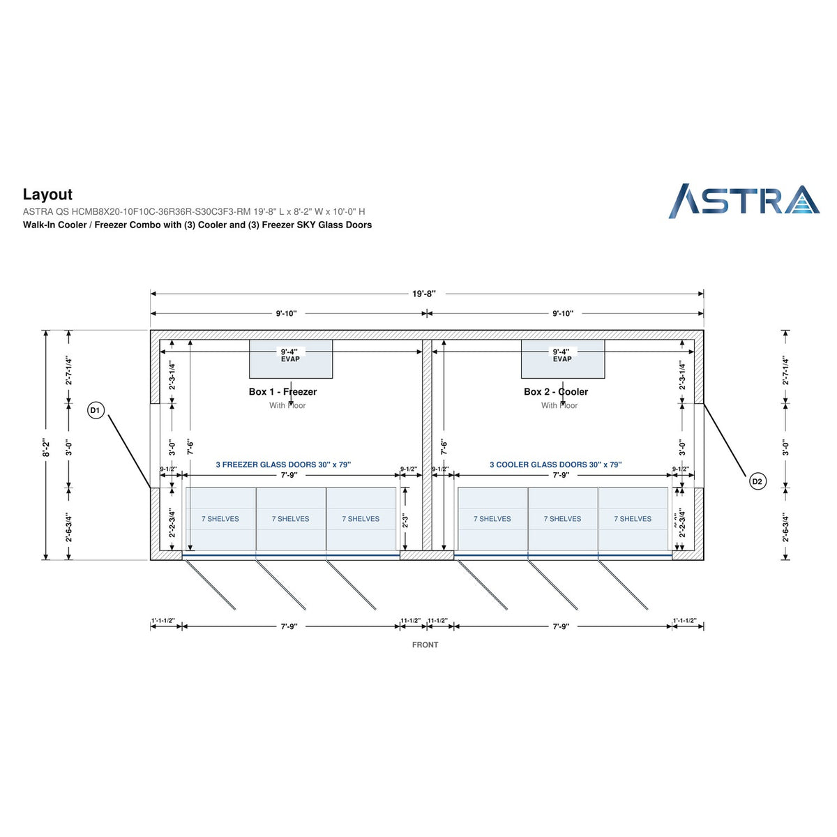 Astra HCMB8X20-10F10C-S30C3F3-RM 8' x 20' Walk-In Freezer/Cooler Combo with Floor, 3 Freezer + 3 Cooler Glass Doors, floor plan layout drawing with glass door shelving