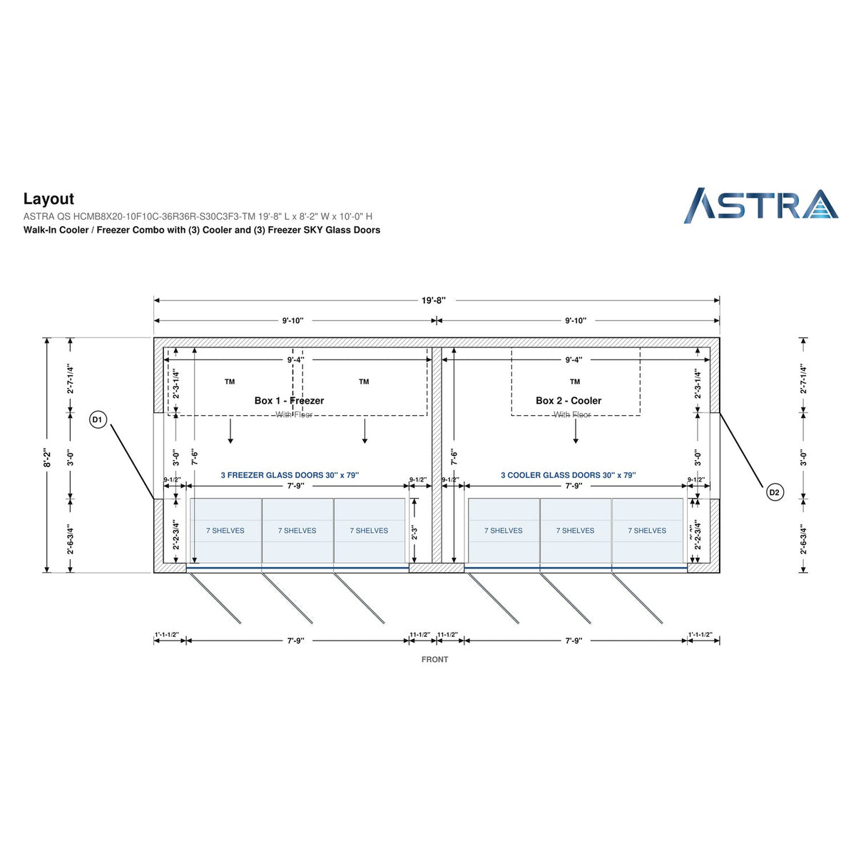 Astra HCMB8X20-10F10C-S30C3F3-TM 8' x 20' Walk-In Freezer/Cooler Combo with Floor, 3 Freezer + 3 Cooler Glass Doors, floor plan layout drawing with glass door shelving