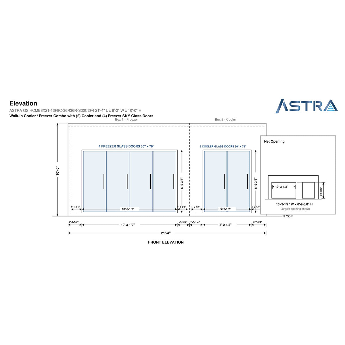 Astra HCMB8X21-13F8C-S30C2F4 8' x 21' Walk-In Freezer/Cooler Combo with Floor, 4 Freezer + 2 Cooler Glass Doors, front elevation drawing with glass door net opening