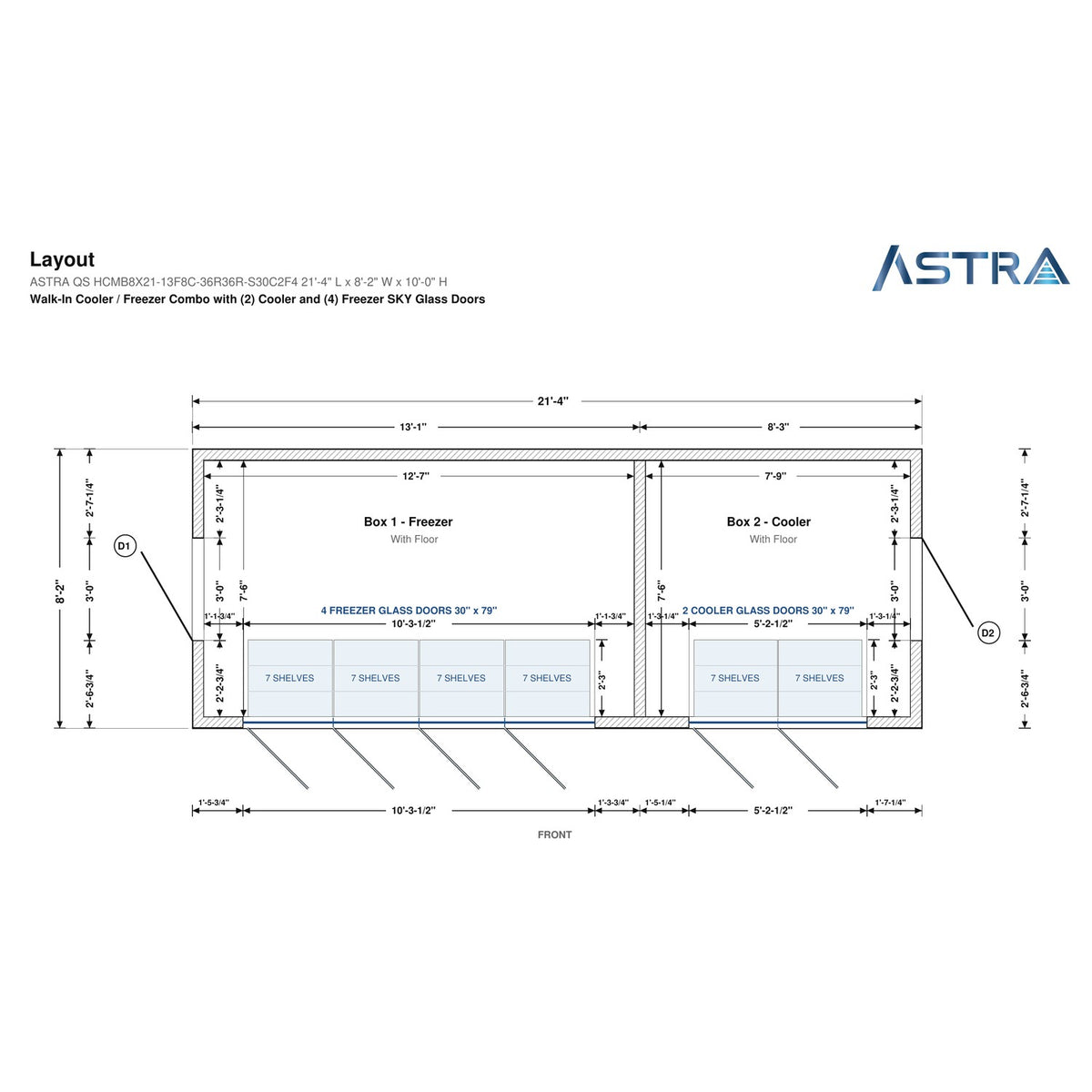 Astra HCMB8X21-13F8C-S30C2F4 8' x 21' Walk-In Freezer/Cooler Combo with Floor, 4 Freezer + 2 Cooler Glass Doors, floor plan layout drawing with glass door shelving