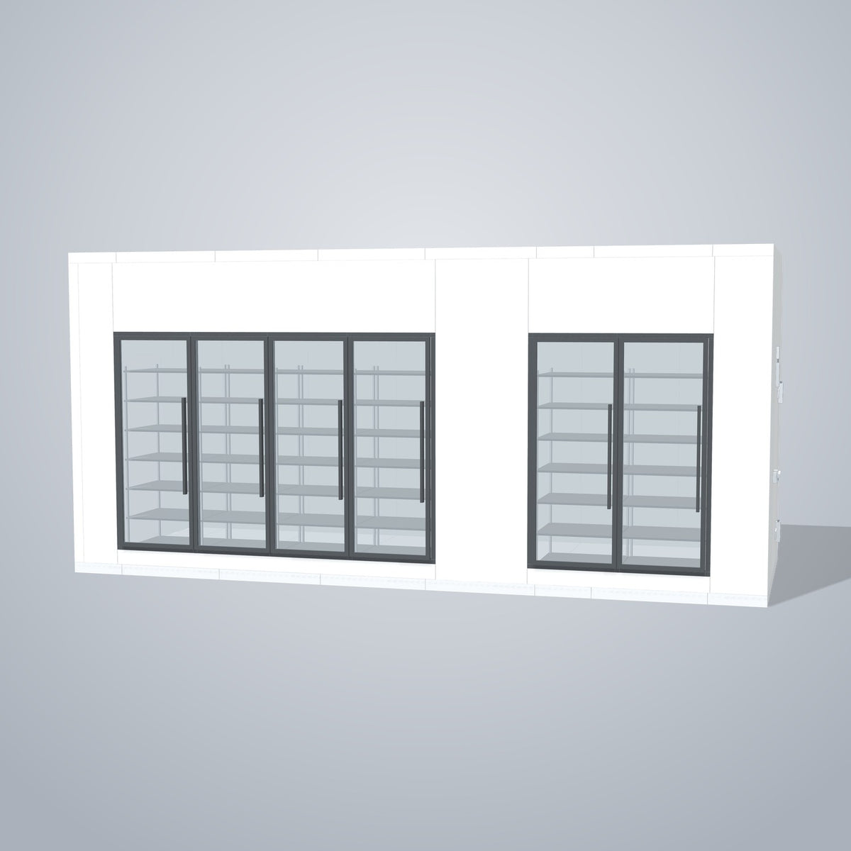 Astra HCMB8X21-13F8C-S30C2F4-RM 8' x 21' Walk-In Freezer/Cooler Combo with Floor, 4 Freezer + 2 Cooler Glass Doors, front 3D view of the glass door wall