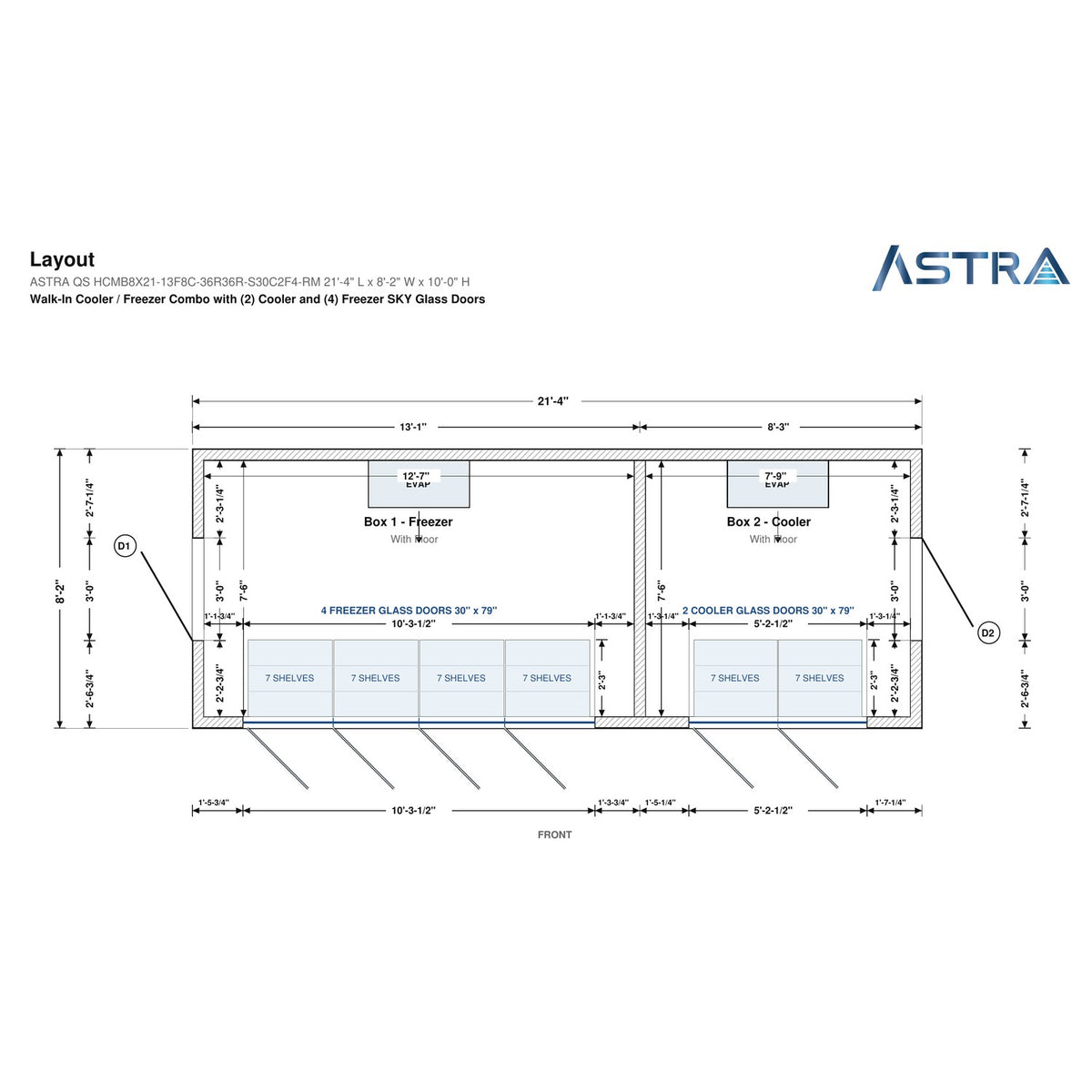 Astra HCMB8X21-13F8C-S30C2F4-RM 8' x 21' Walk-In Freezer/Cooler Combo with Floor, 4 Freezer + 2 Cooler Glass Doors, floor plan layout drawing with glass door shelving