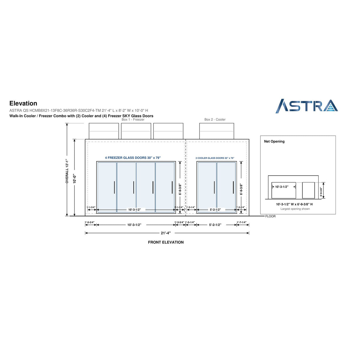 Astra HCMB8X21-13F8C-S30C2F4-TM 8' x 21' Walk-In Freezer/Cooler Combo with Floor, 4 Freezer + 2 Cooler Glass Doors, front elevation drawing with glass door net opening