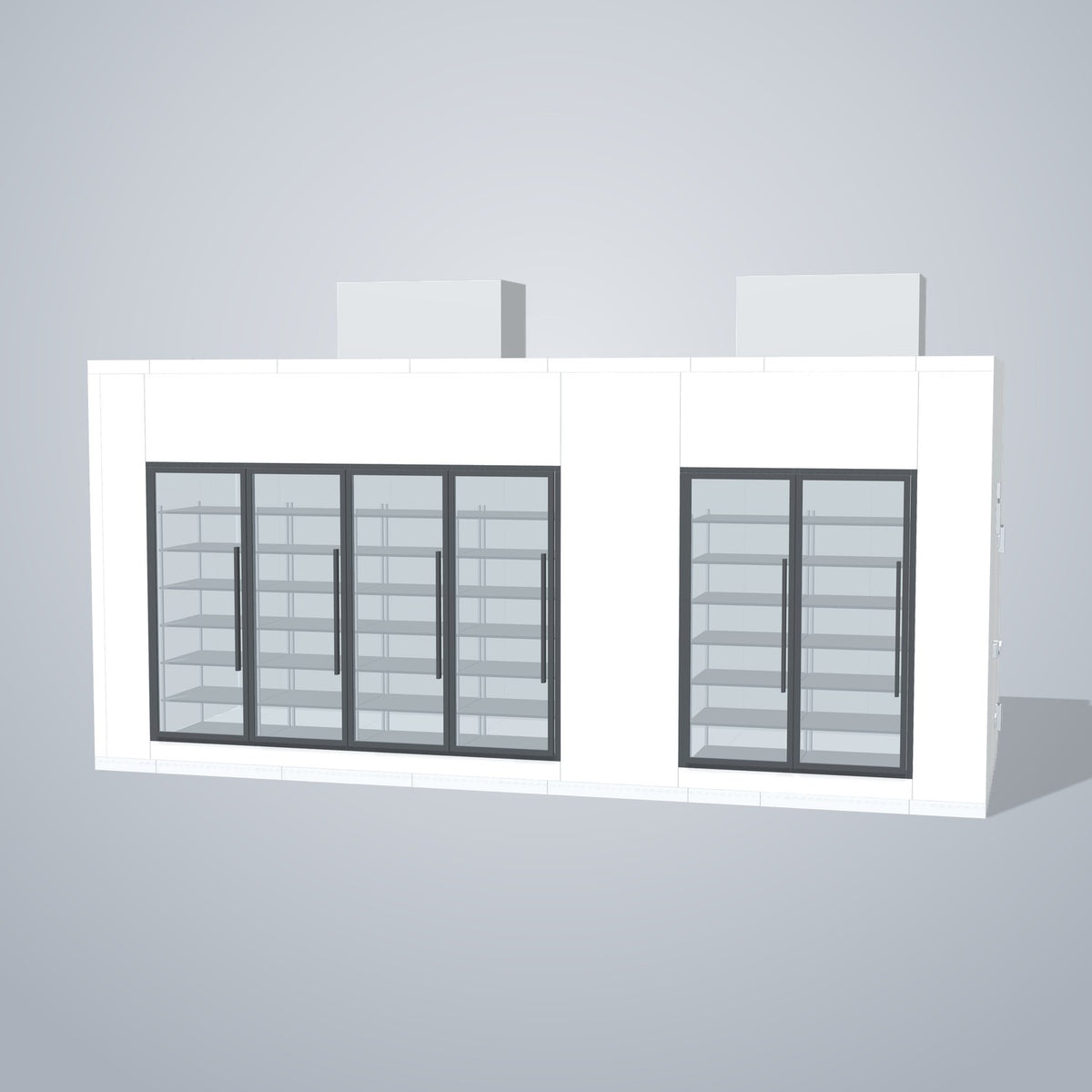 Astra HCMB8X21-13F8C-S30C2F4-TM 8' x 21' Walk-In Freezer/Cooler Combo with Floor, 4 Freezer + 2 Cooler Glass Doors, front 3D view of the glass door wall
