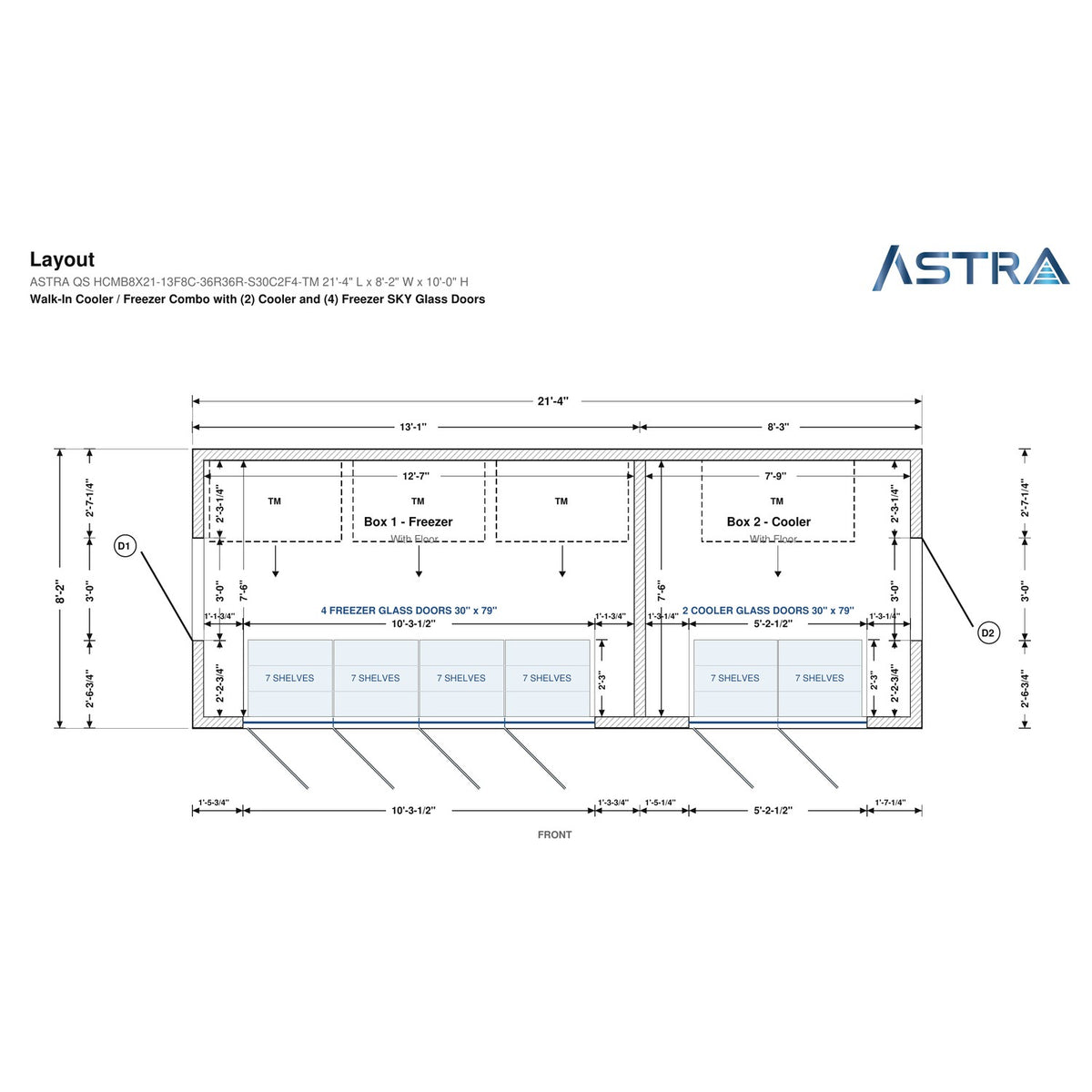 Astra HCMB8X21-13F8C-S30C2F4-TM 8' x 21' Walk-In Freezer/Cooler Combo with Floor, 4 Freezer + 2 Cooler Glass Doors, floor plan layout drawing with glass door shelving