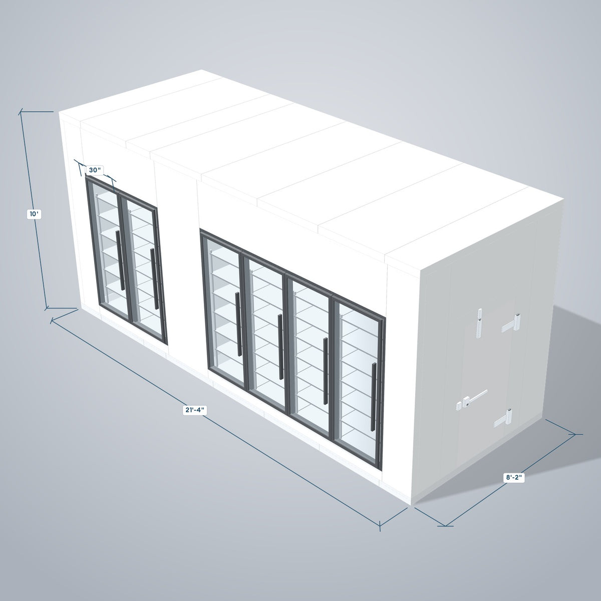 Astra HCMB8X21-8F13C-S30C4F2 8' x 21' Walk-In Freezer/Cooler Combo with Floor, 2 Freezer + 4 Cooler Glass Doors, 3D view with outside dimensions