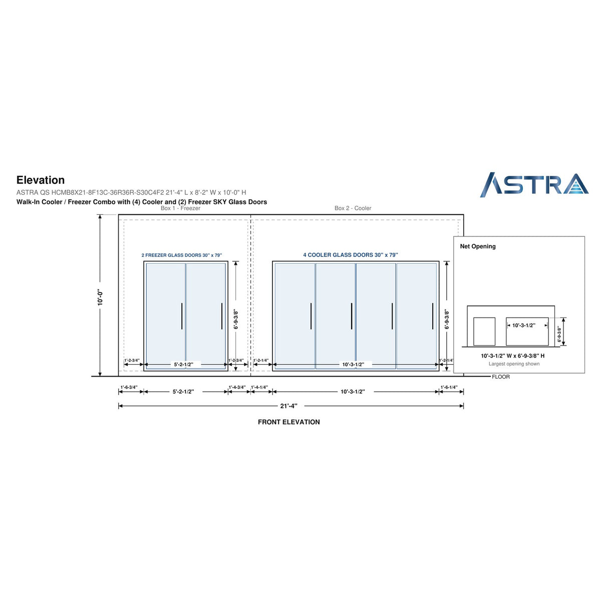 Astra HCMB8X21-8F13C-S30C4F2 8' x 21' Walk-In Freezer/Cooler Combo with Floor, 2 Freezer + 4 Cooler Glass Doors, front elevation drawing with glass door net opening