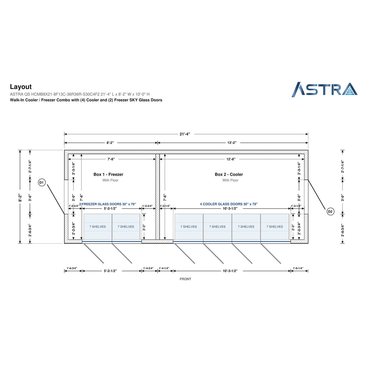 Astra HCMB8X21-8F13C-S30C4F2 8' x 21' Walk-In Freezer/Cooler Combo with Floor, 2 Freezer + 4 Cooler Glass Doors, floor plan layout drawing with glass door shelving
