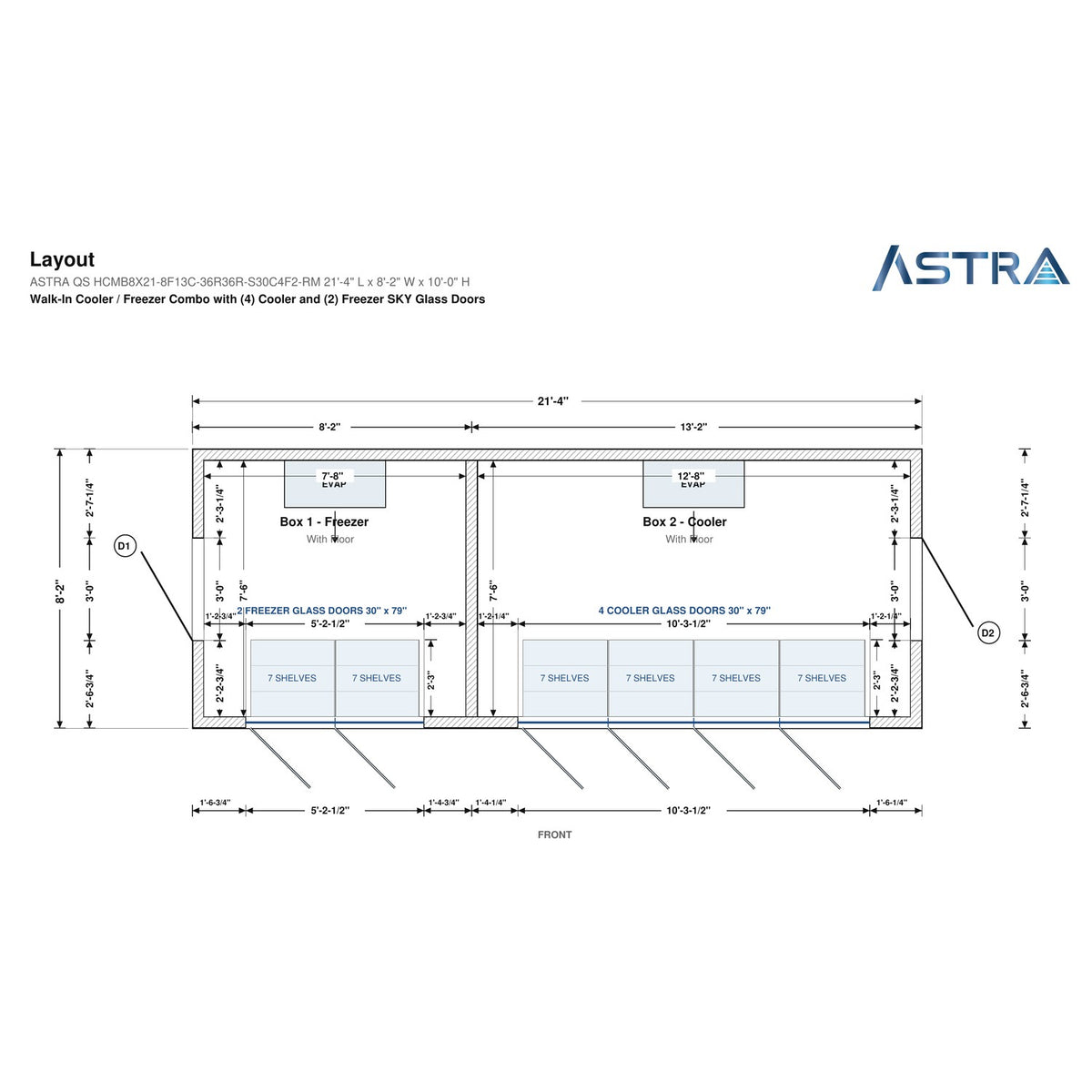 Astra HCMB8X21-8F13C-S30C4F2-RM 8' x 21' Walk-In Freezer/Cooler Combo with Floor, 2 Freezer + 4 Cooler Glass Doors, floor plan layout drawing with glass door shelving