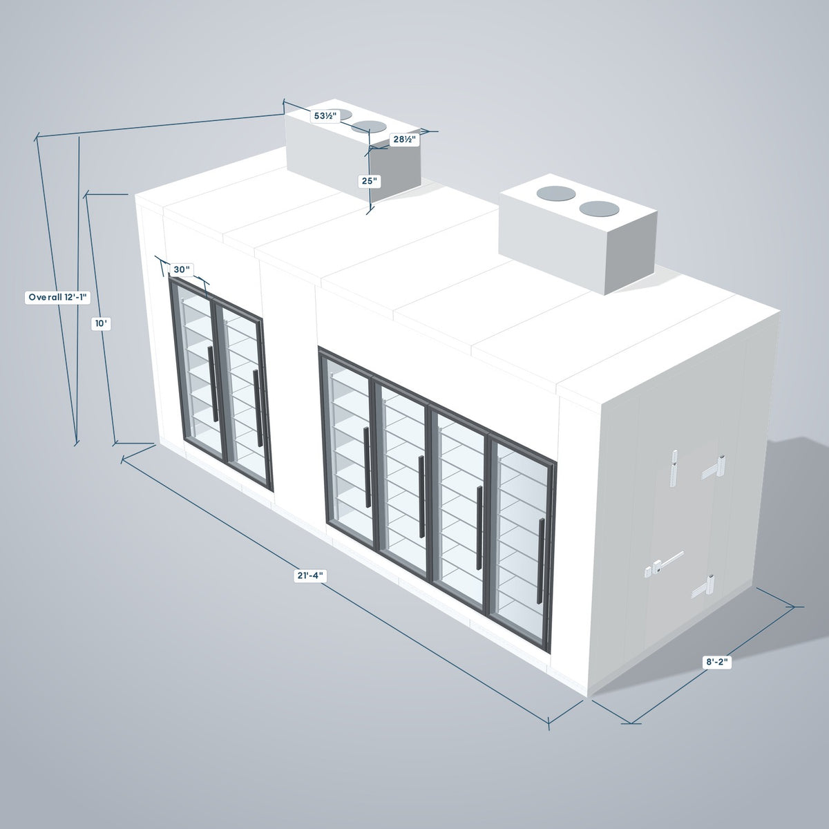 Astra HCMB8X21-8F13C-S30C4F2-TM 8' x 21' Walk-In Freezer/Cooler Combo with Floor, 2 Freezer + 4 Cooler Glass Doors, 3D view with outside dimensions