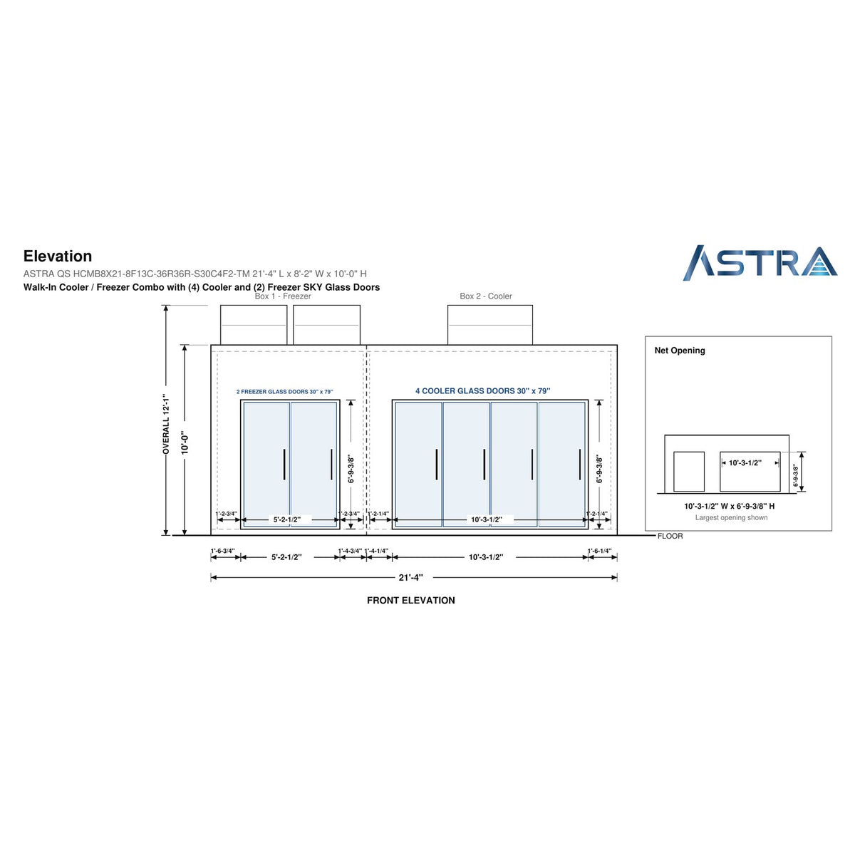 Astra HCMB8X21-8F13C-S30C4F2-TM 8' x 21' Walk-In Freezer/Cooler Combo with Floor, 2 Freezer + 4 Cooler Glass Doors, front elevation drawing with glass door net opening