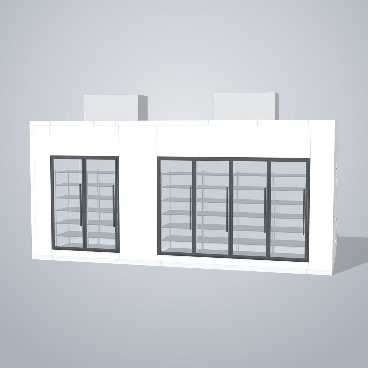 Astra HCMB8X21-8F13C-S30C4F2-TM 8' x 21' Walk-In Freezer/Cooler Combo with Floor, 2 Freezer + 4 Cooler Glass Doors, front 3D view of the glass door wall