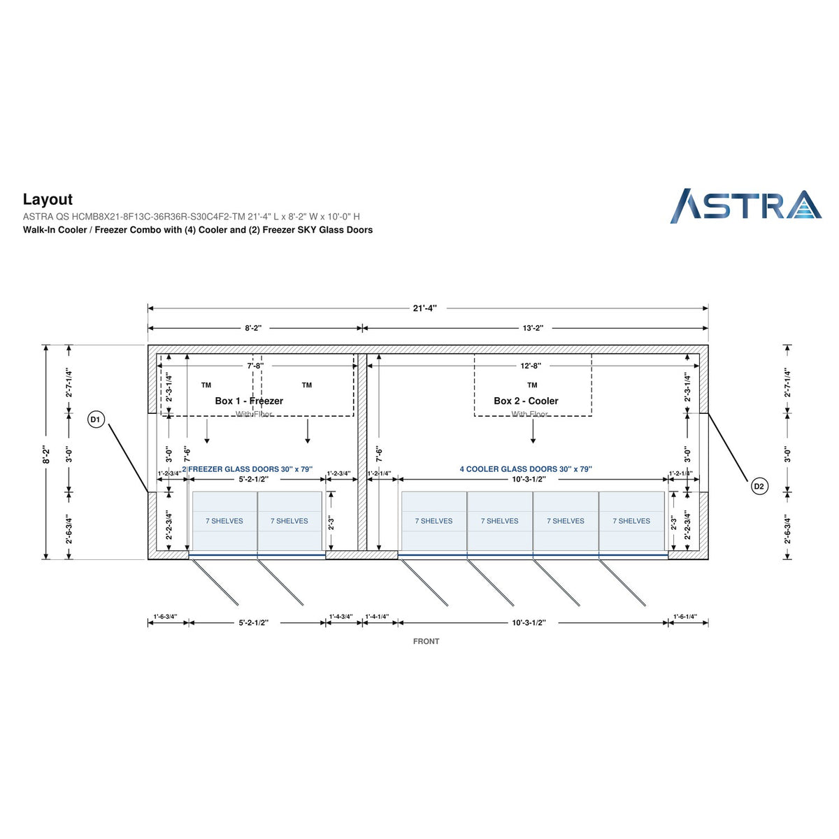 Astra HCMB8X21-8F13C-S30C4F2-TM 8' x 21' Walk-In Freezer/Cooler Combo with Floor, 2 Freezer + 4 Cooler Glass Doors, floor plan layout drawing with glass door shelving