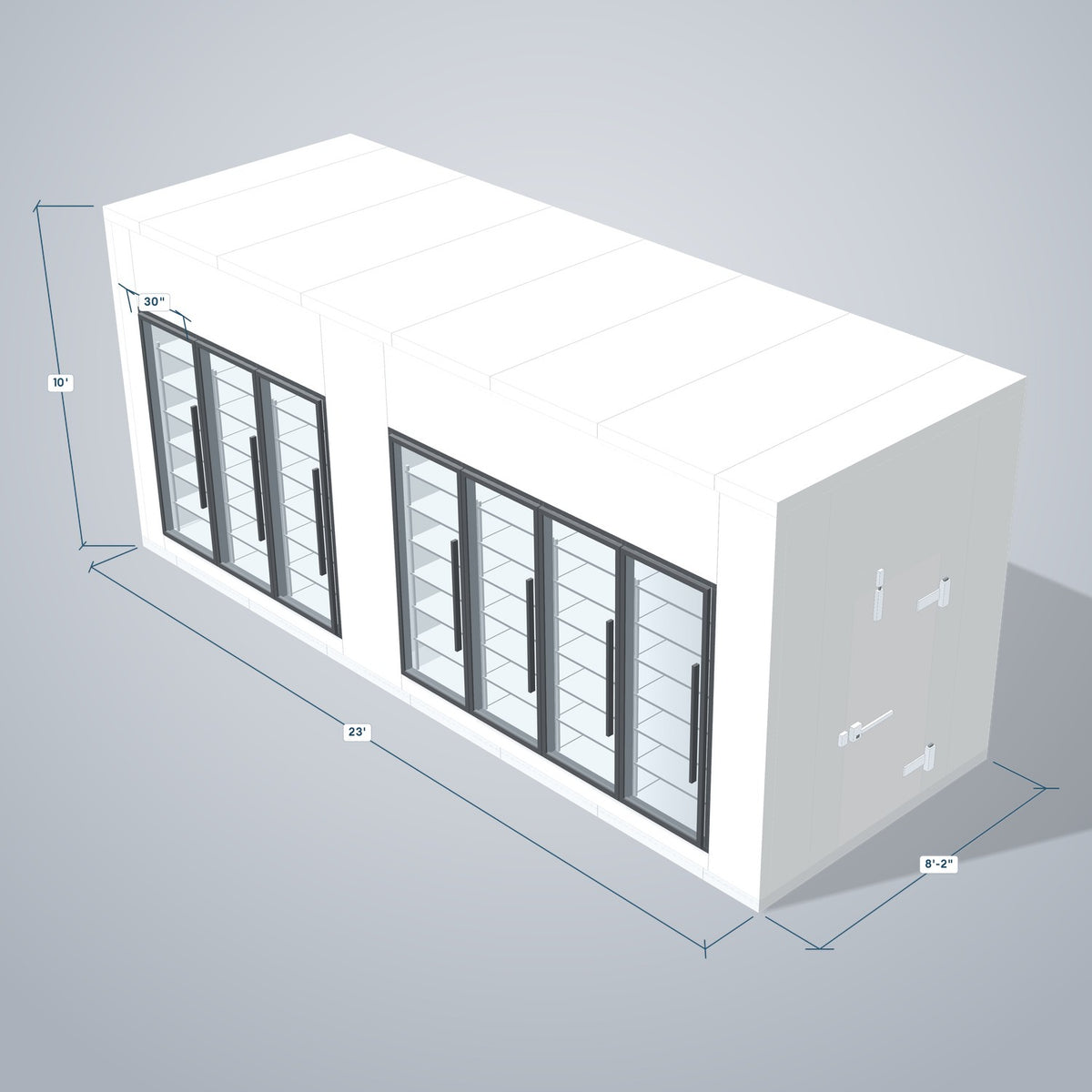 Astra HCMB8X23-10F13C-S30C4F3 8' x 23' Walk-In Freezer/Cooler Combo with Floor, 3 Freezer + 4 Cooler Glass Doors, 3D view with outside dimensions