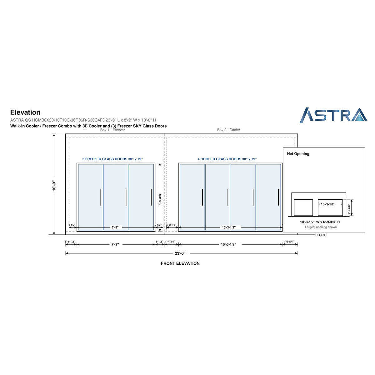 Astra HCMB8X23-10F13C-S30C4F3 8' x 23' Walk-In Freezer/Cooler Combo with Floor, 3 Freezer + 4 Cooler Glass Doors, front elevation drawing with glass door net opening