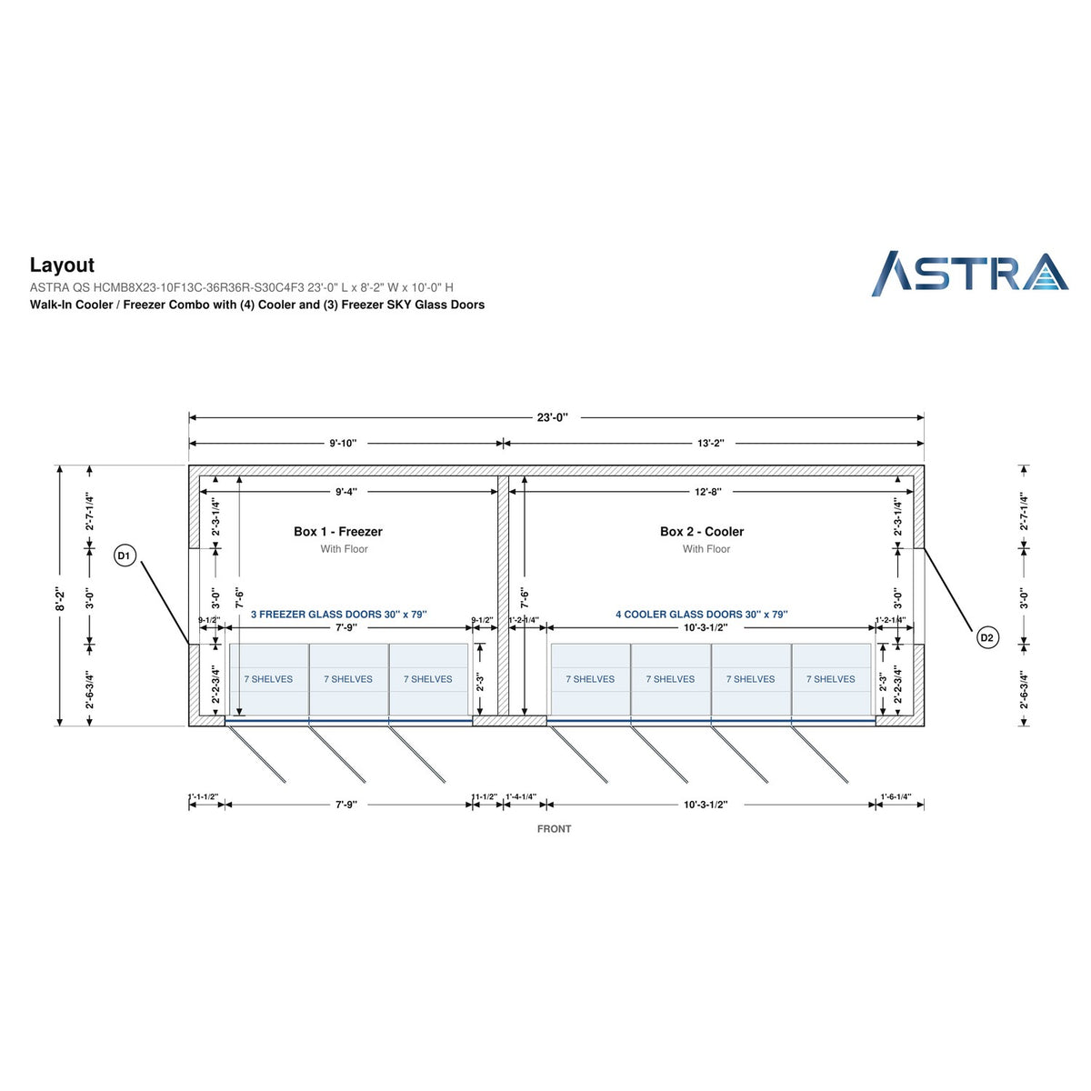 Astra HCMB8X23-10F13C-S30C4F3 8' x 23' Walk-In Freezer/Cooler Combo with Floor, 3 Freezer + 4 Cooler Glass Doors, floor plan layout drawing with glass door shelving