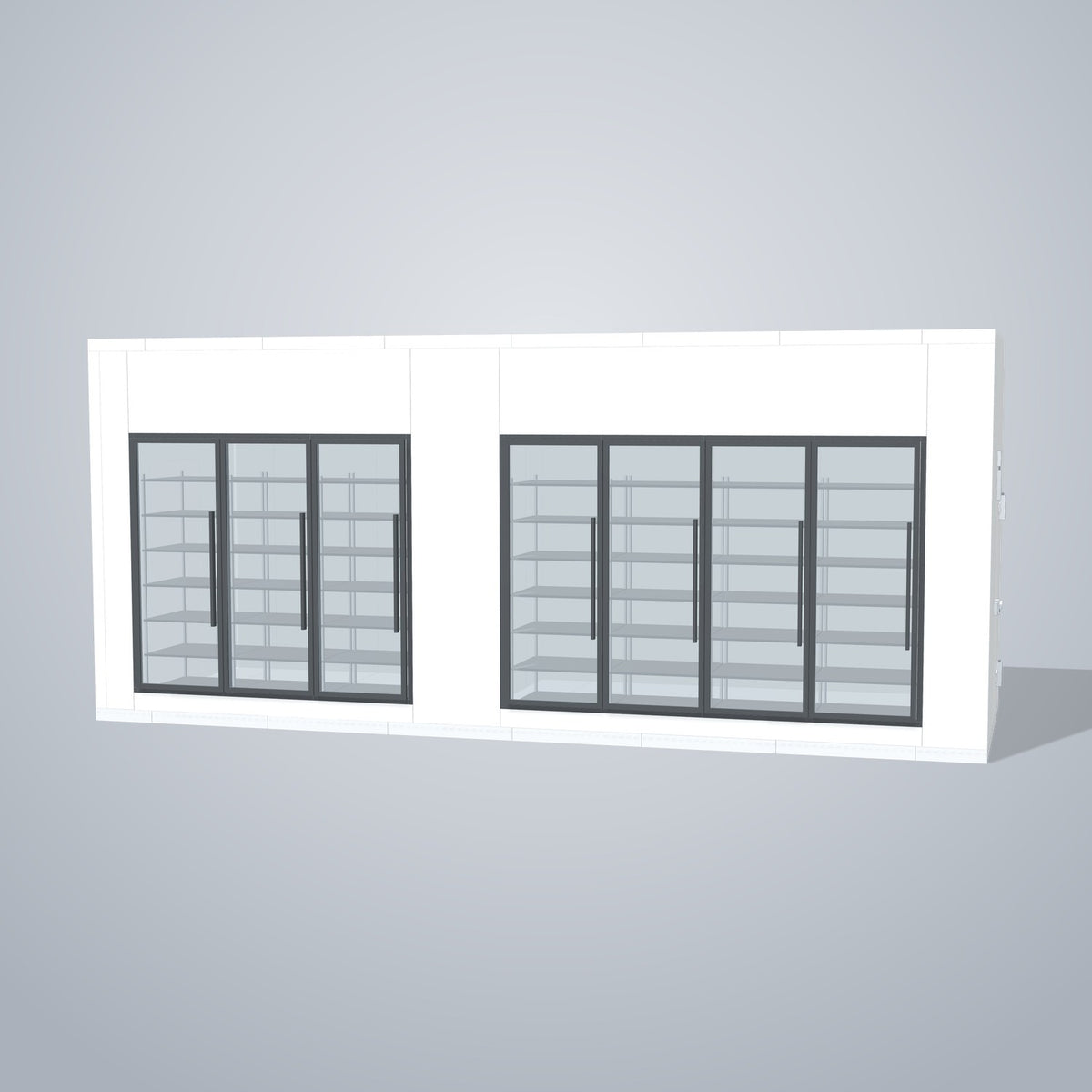 Astra HCMB8X23-10F13C-S30C4F3-RM 8' x 23' Walk-In Freezer/Cooler Combo with Floor, 3 Freezer + 4 Cooler Glass Doors, front 3D view of the glass door wall