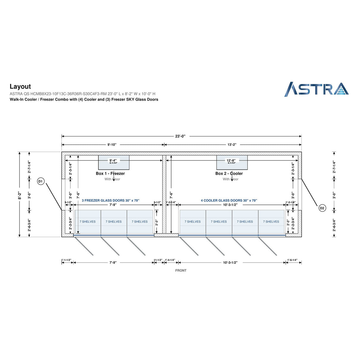 Astra HCMB8X23-10F13C-S30C4F3-RM 8' x 23' Walk-In Freezer/Cooler Combo with Floor, 3 Freezer + 4 Cooler Glass Doors, floor plan layout drawing with glass door shelving