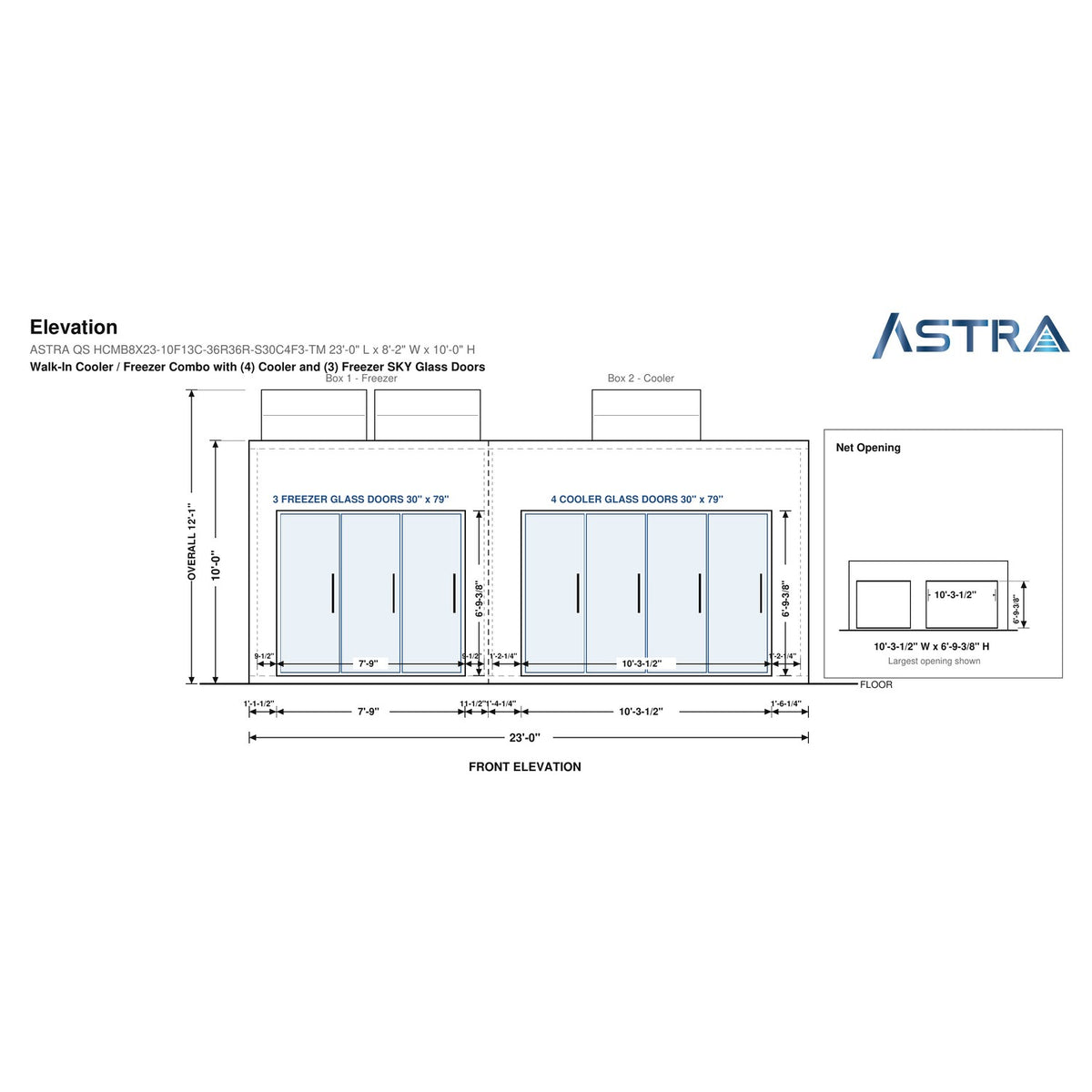 Astra HCMB8X23-10F13C-S30C4F3-TM 8' x 23' Walk-In Freezer/Cooler Combo with Floor, 3 Freezer + 4 Cooler Glass Doors, front elevation drawing with glass door net opening