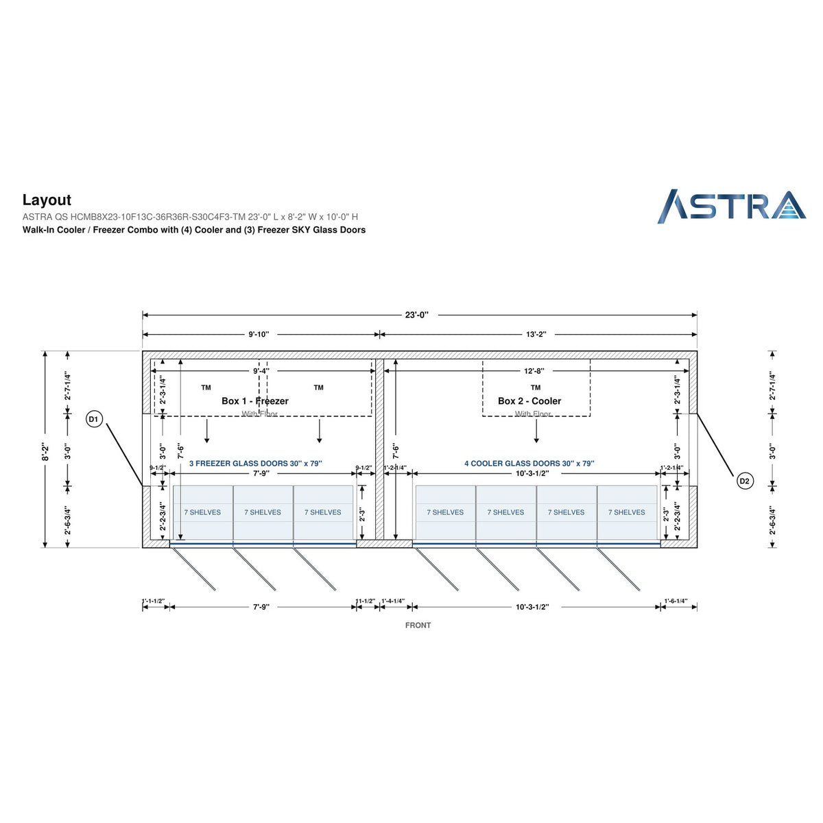 Astra HCMB8X23-10F13C-S30C4F3-TM 8' x 23' Walk-In Freezer/Cooler Combo with Floor, 3 Freezer + 4 Cooler Glass Doors, floor plan layout drawing with glass door shelving