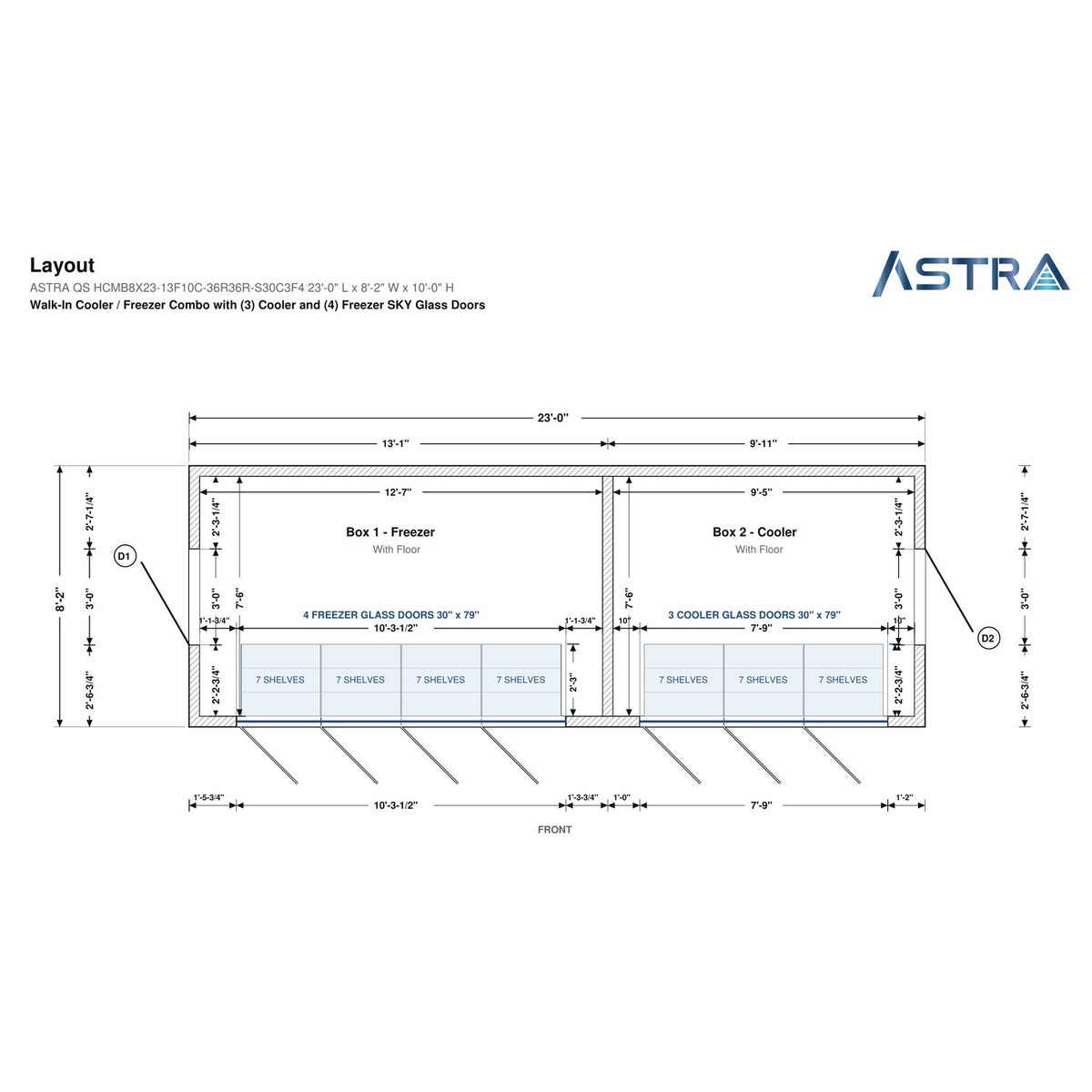 Astra HCMB8X23-13F10C-S30C3F4 8' x 23' Walk-In Freezer/Cooler Combo with Floor, 4 Freezer + 3 Cooler Glass Doors, floor plan layout drawing with glass door shelving