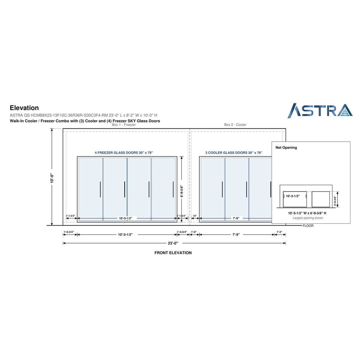 Astra HCMB8X23-13F10C-S30C3F4-RM 8' x 23' Walk-In Freezer/Cooler Combo with Floor, 4 Freezer + 3 Cooler Glass Doors, front elevation drawing with glass door net opening