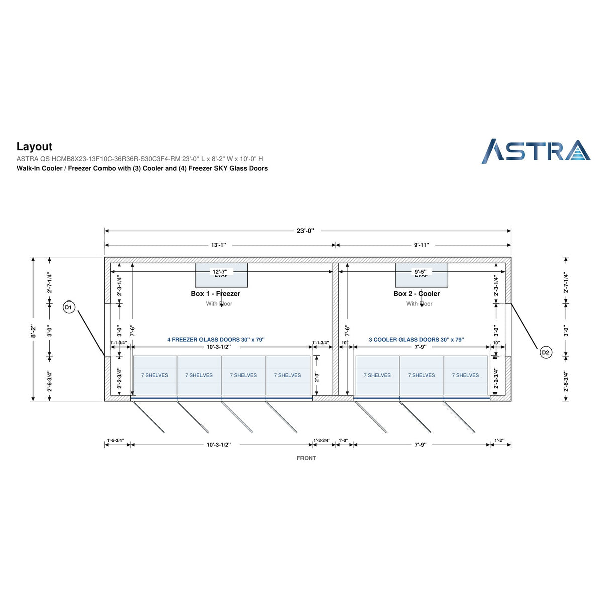 Astra HCMB8X23-13F10C-S30C3F4-RM 8' x 23' Walk-In Freezer/Cooler Combo with Floor, 4 Freezer + 3 Cooler Glass Doors, floor plan layout drawing with glass door shelving