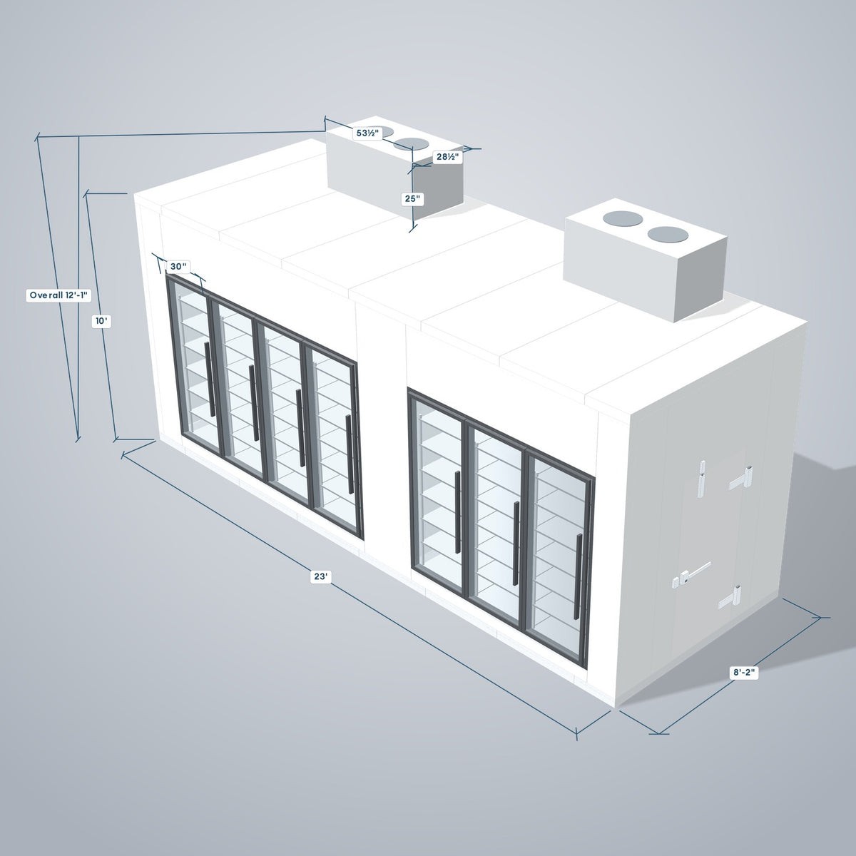 Astra HCMB8X23-13F10C-S30C3F4-TM 8' x 23' Walk-In Freezer/Cooler Combo with Floor, 4 Freezer + 3 Cooler Glass Doors, 3D view with outside dimensions