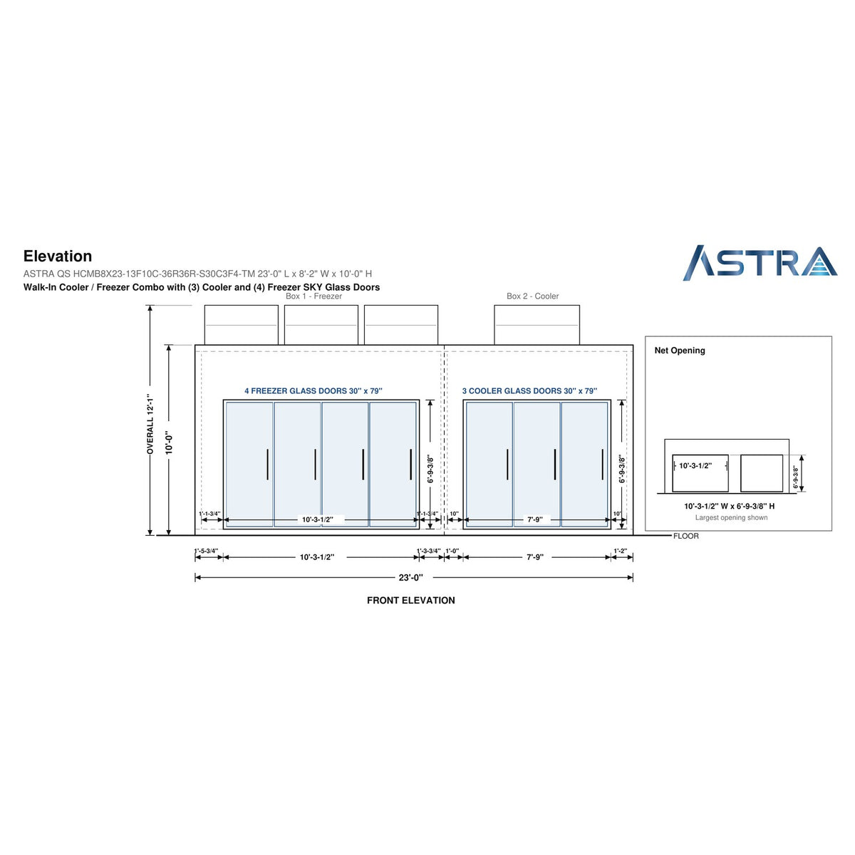Astra HCMB8X23-13F10C-S30C3F4-TM 8' x 23' Walk-In Freezer/Cooler Combo with Floor, 4 Freezer + 3 Cooler Glass Doors, front elevation drawing with glass door net opening