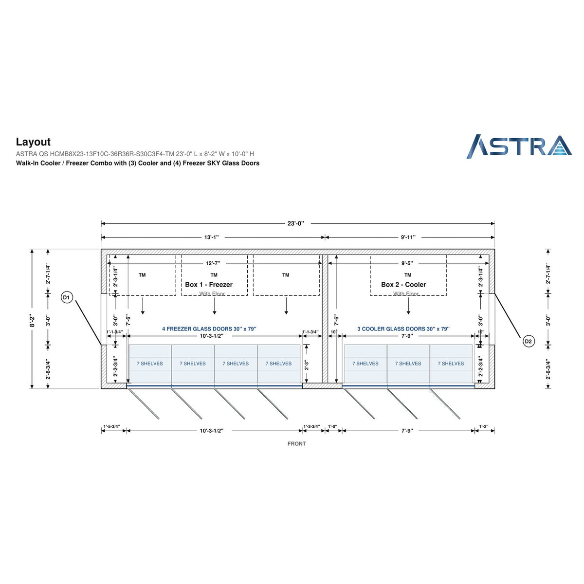 Astra HCMB8X23-13F10C-S30C3F4-TM 8' x 23' Walk-In Freezer/Cooler Combo with Floor, 4 Freezer + 3 Cooler Glass Doors, floor plan layout drawing with glass door shelving