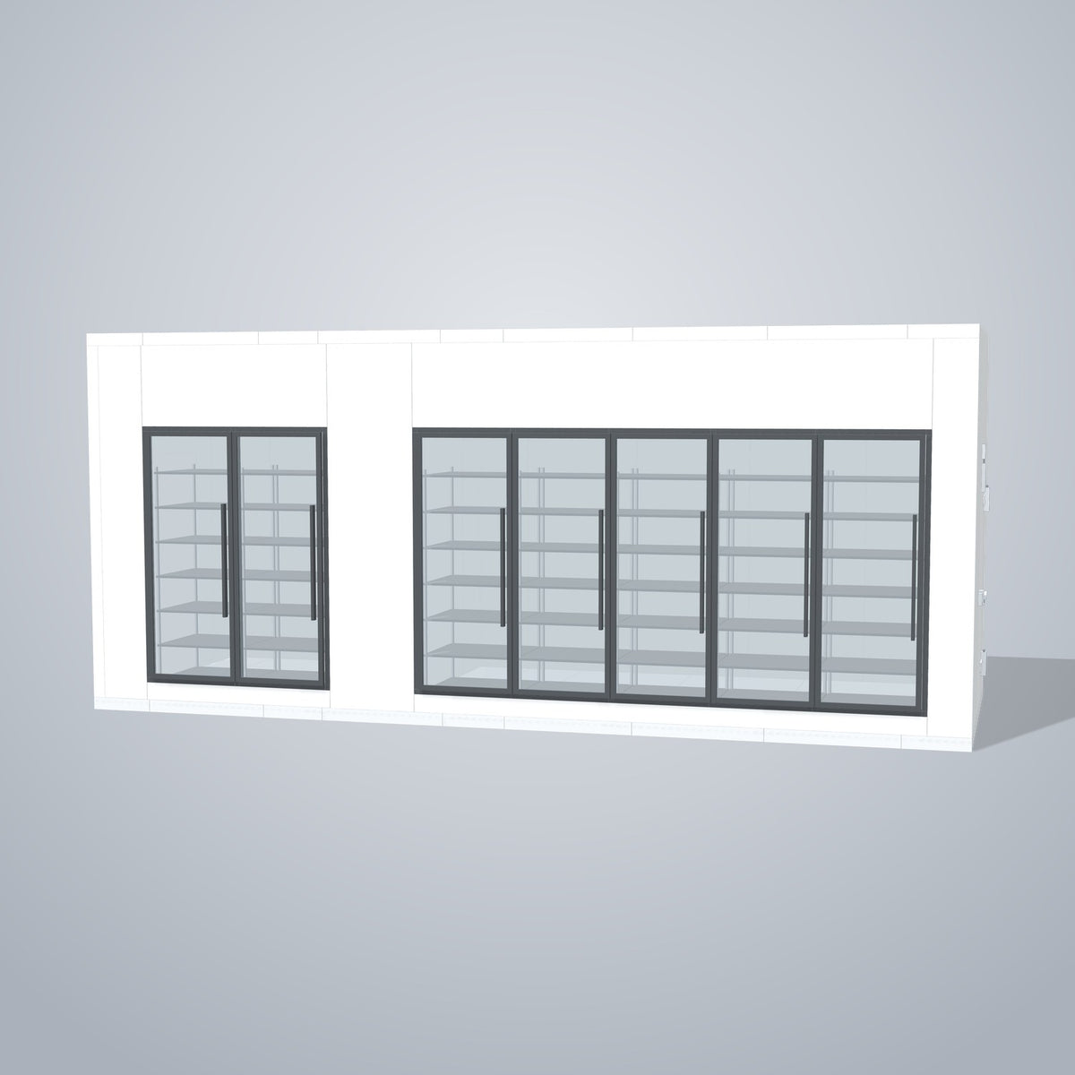 Astra HCMB8X23-8F15C-S30C5F2 8' x 23' Walk-In Freezer/Cooler Combo with Floor, 2 Freezer + 5 Cooler Glass Doors, front 3D view of the glass door wall
