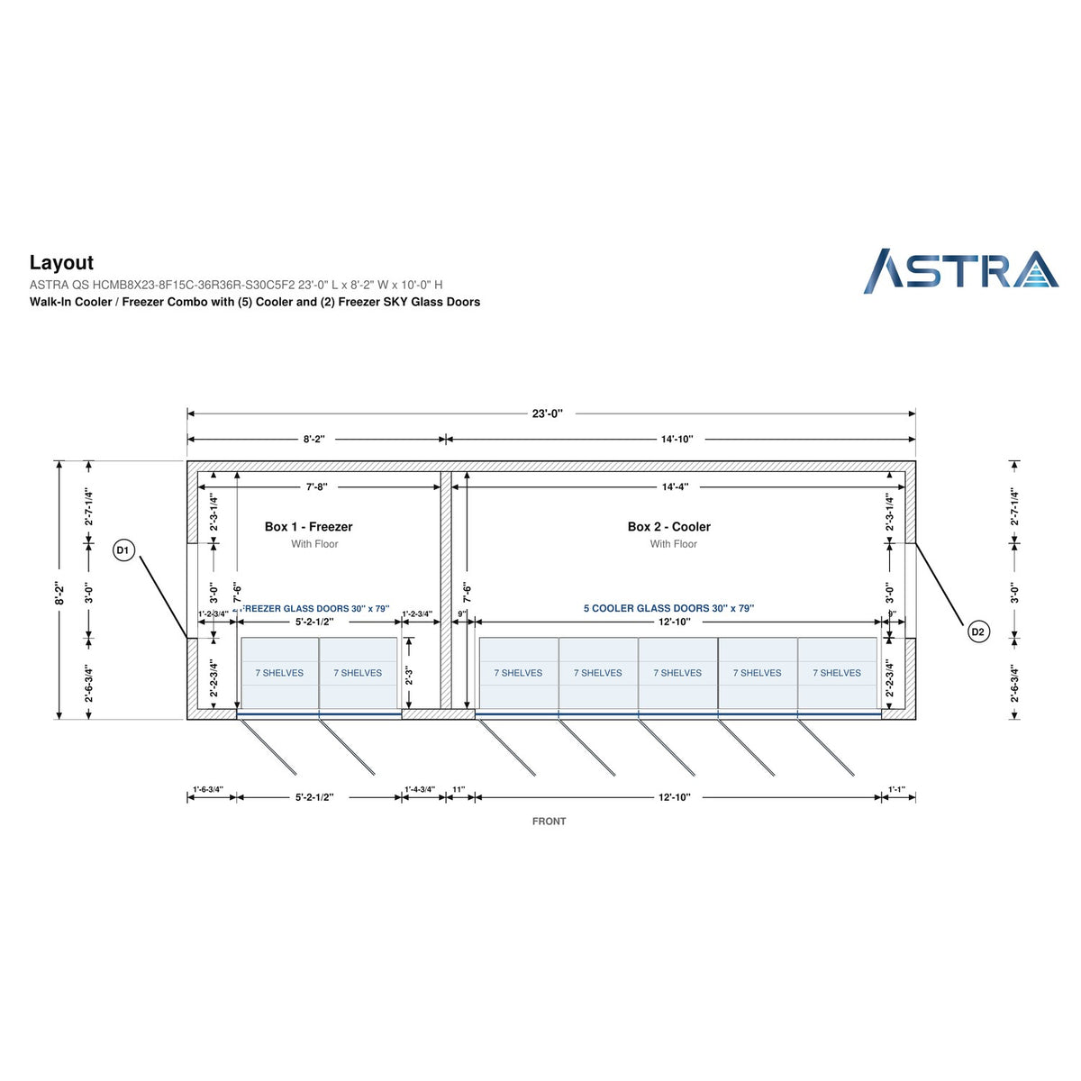 Astra HCMB8X23-8F15C-S30C5F2 8' x 23' Walk-In Freezer/Cooler Combo with Floor, 2 Freezer + 5 Cooler Glass Doors, floor plan layout drawing with glass door shelving